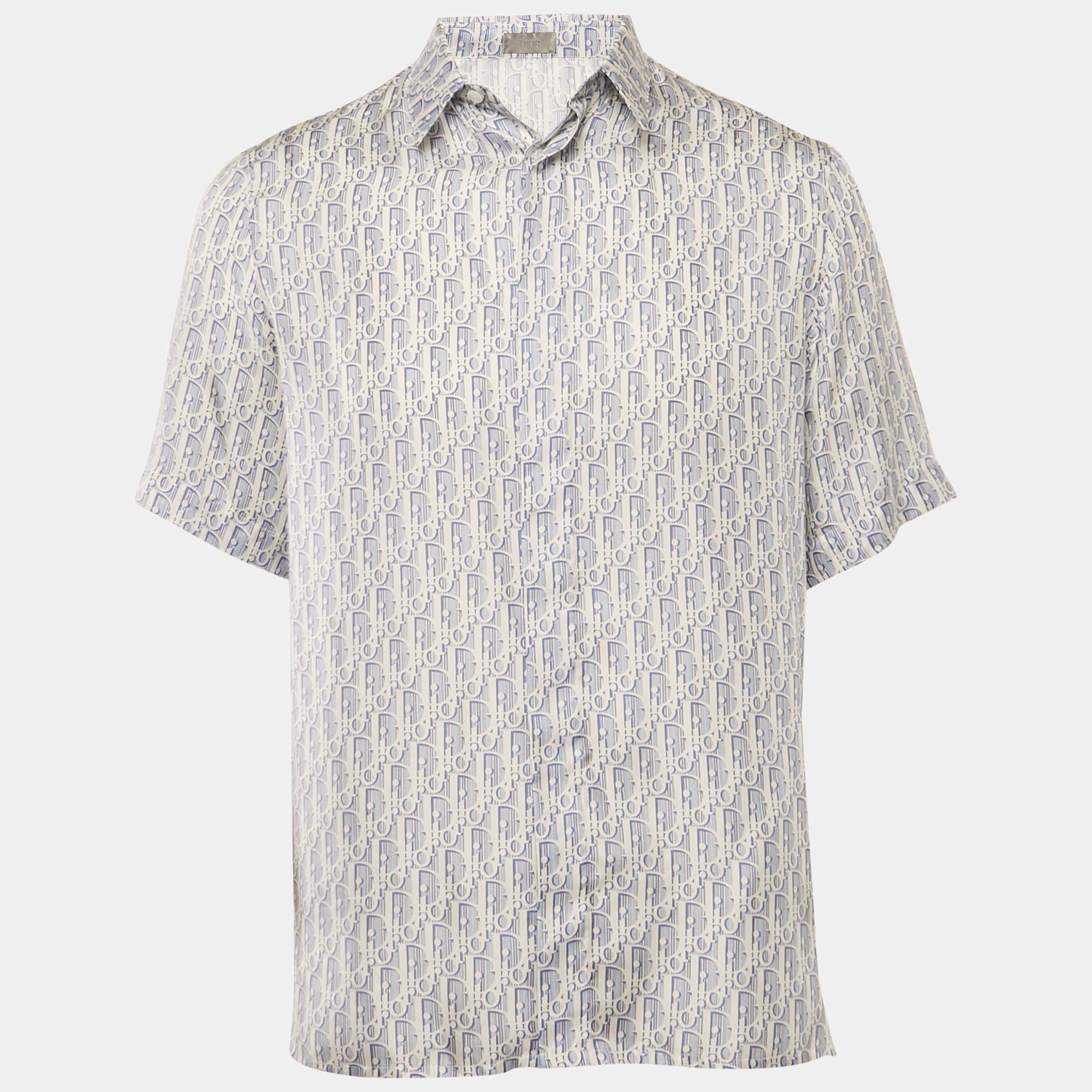 Pre Owned Dior Homme Blue Oblique Print Silk Short Sleeve Shirt S