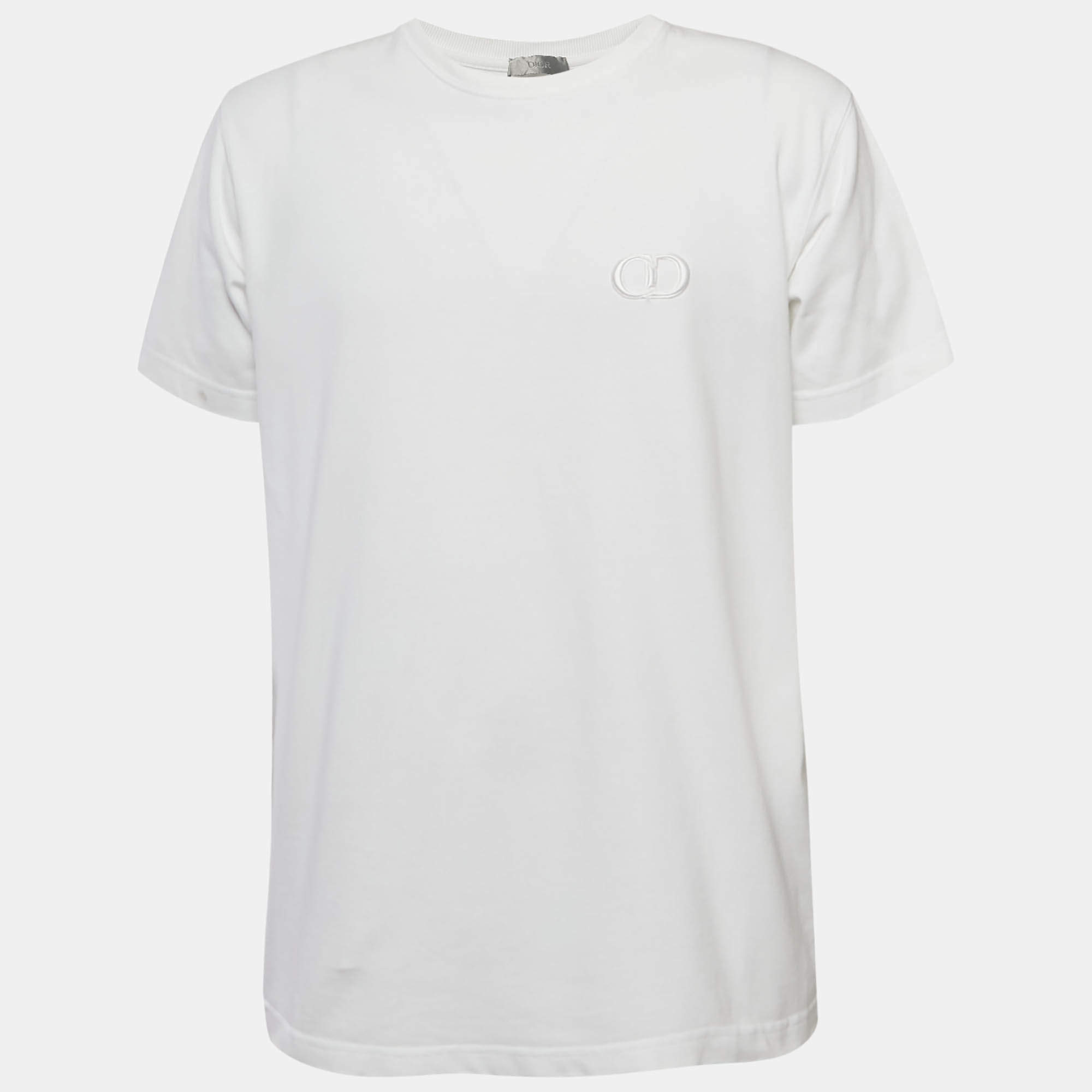 Pre Owned Dior Homme White CD Embroidered Cotton Jersey T-Shirt L