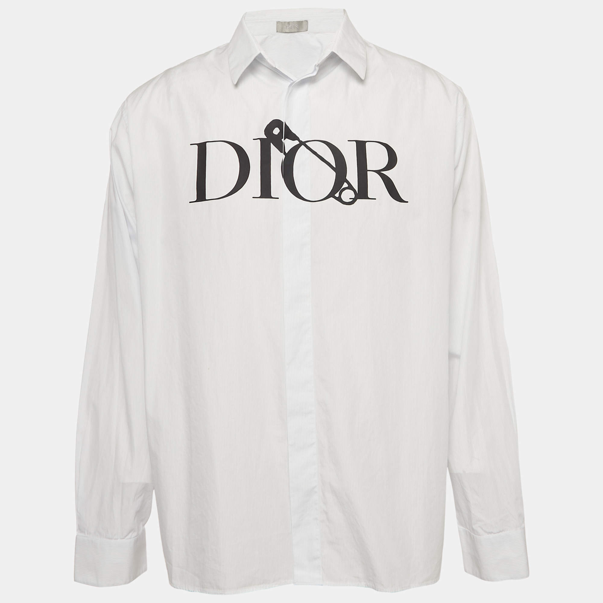 Pre Owned Dior Homme Logo Print Striped Cotton Shirt XL
