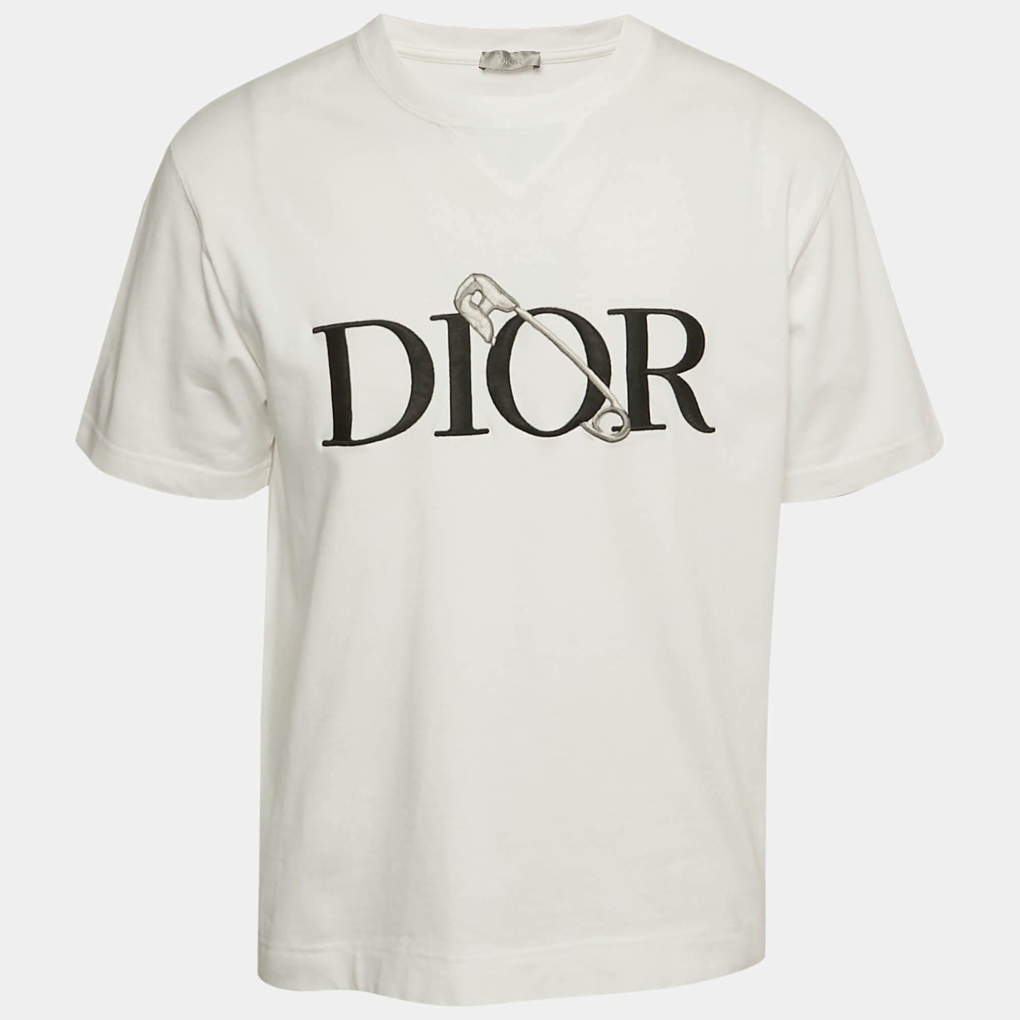 Pre Owned Dior Homme White Logo Embroidery Cotton Knit Half Sleeve Oversized T-Shirt L