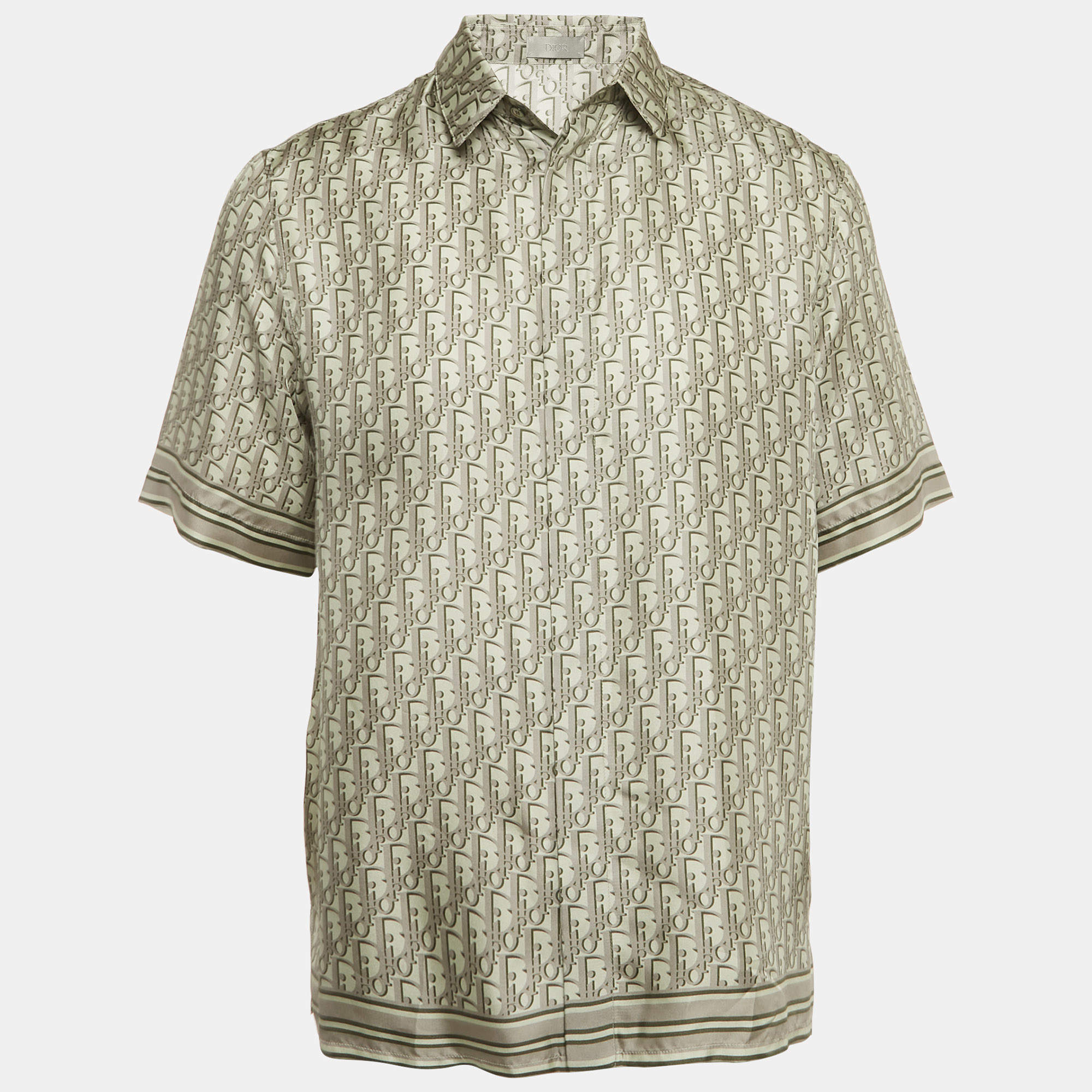 Pre Owned Dior Homme Green Oblique Monogram Print Silk Hawaiian Shirt M