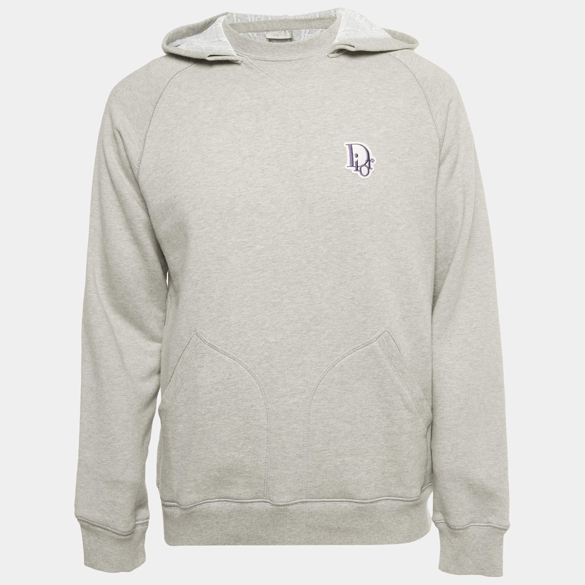 Pre Owned Dior Homme Grey Logo Applique Cotton Hooded Sweatshirt L