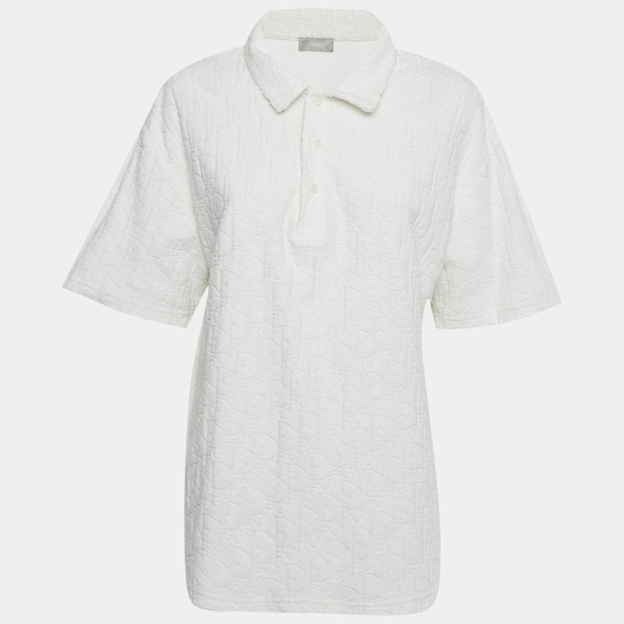 مملوكة مسبقًا Dior Homme White Oblique Monogram Jacquard Terry Polo T-Shirt XL