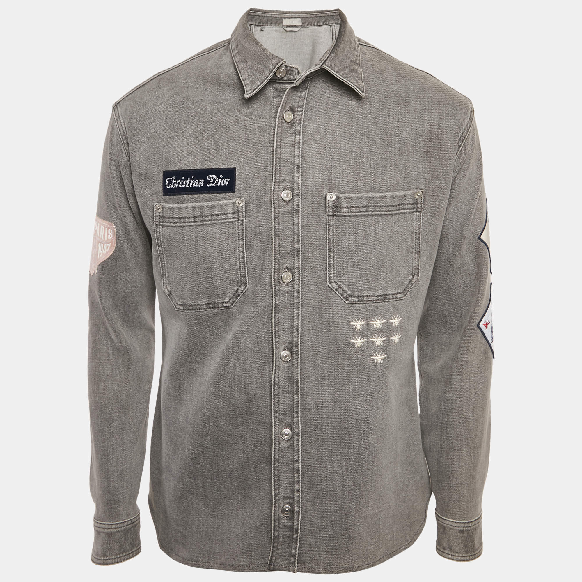 Pre Owned قميص ديور أومه بقصة دينيم رمادي وتفاصيل مضافة مقاس متوسط