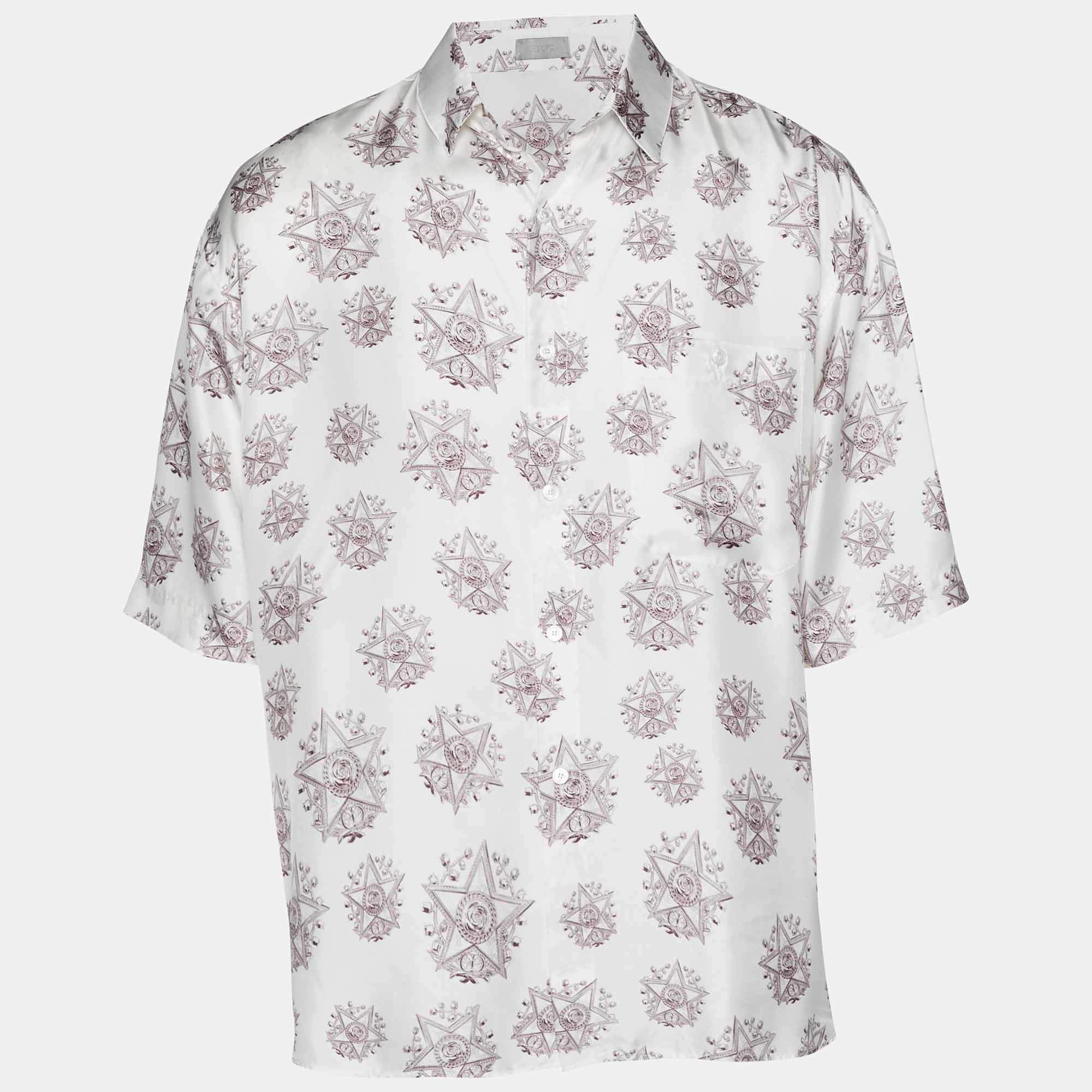 Pre Owned قميص ديور هوم حريري مطبوع أبيض بأكمام قصيرة مقاس كبير - لارج