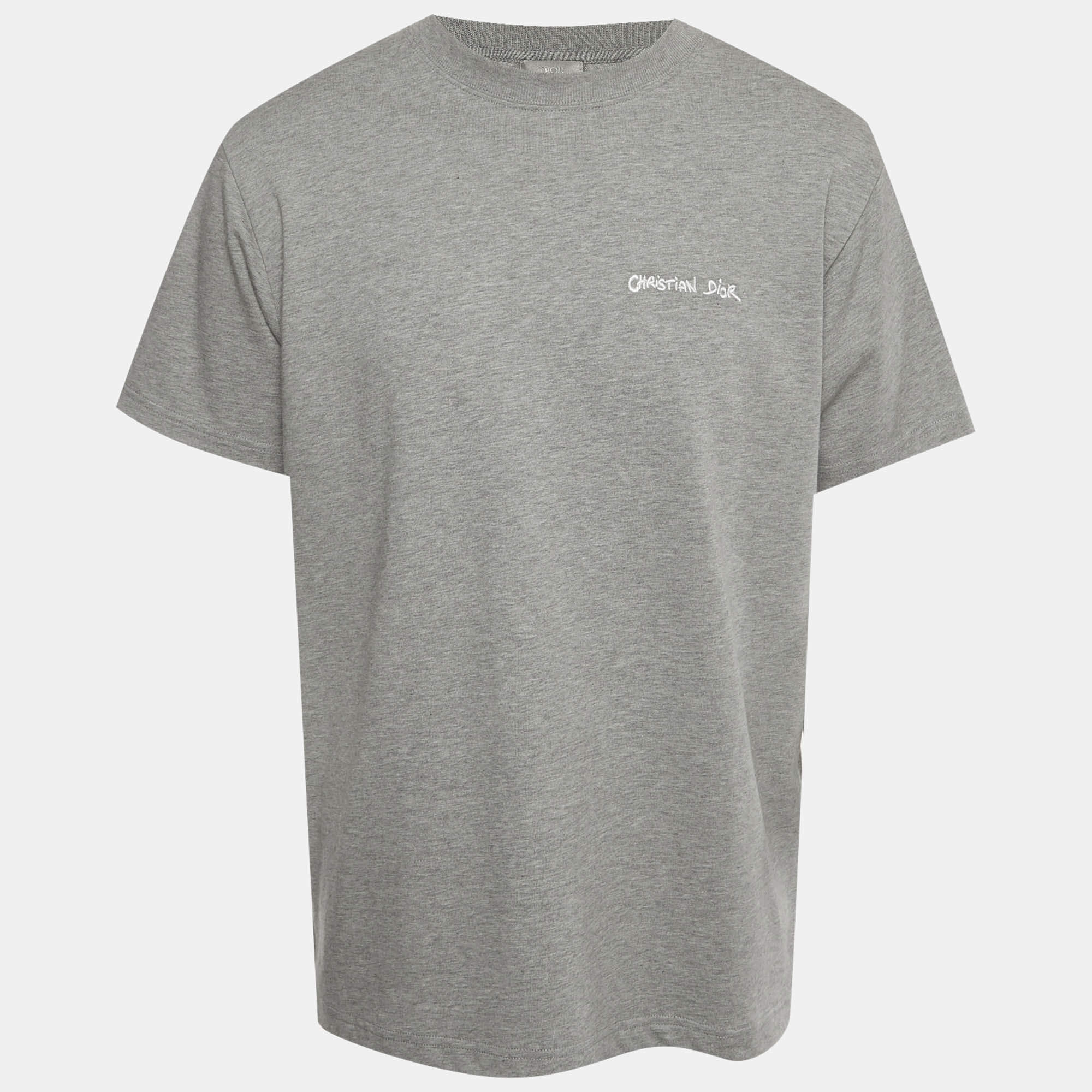 Pre Owned Dior Homme Grey Logo Embroidered Jersey Crewneck T-Shirt M