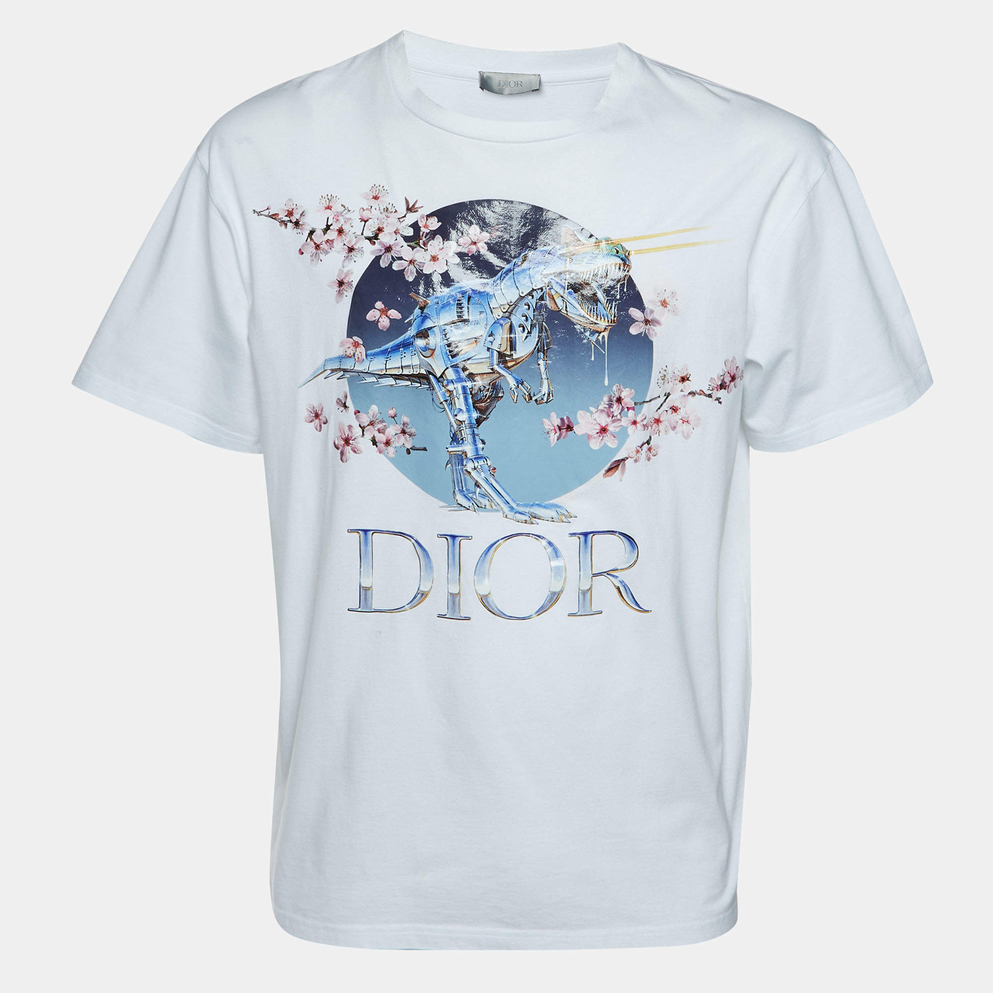 Pre Owned Dior Homme x Hajime Sorayama White Sakura Dragon Print Cotton T-Shirt L