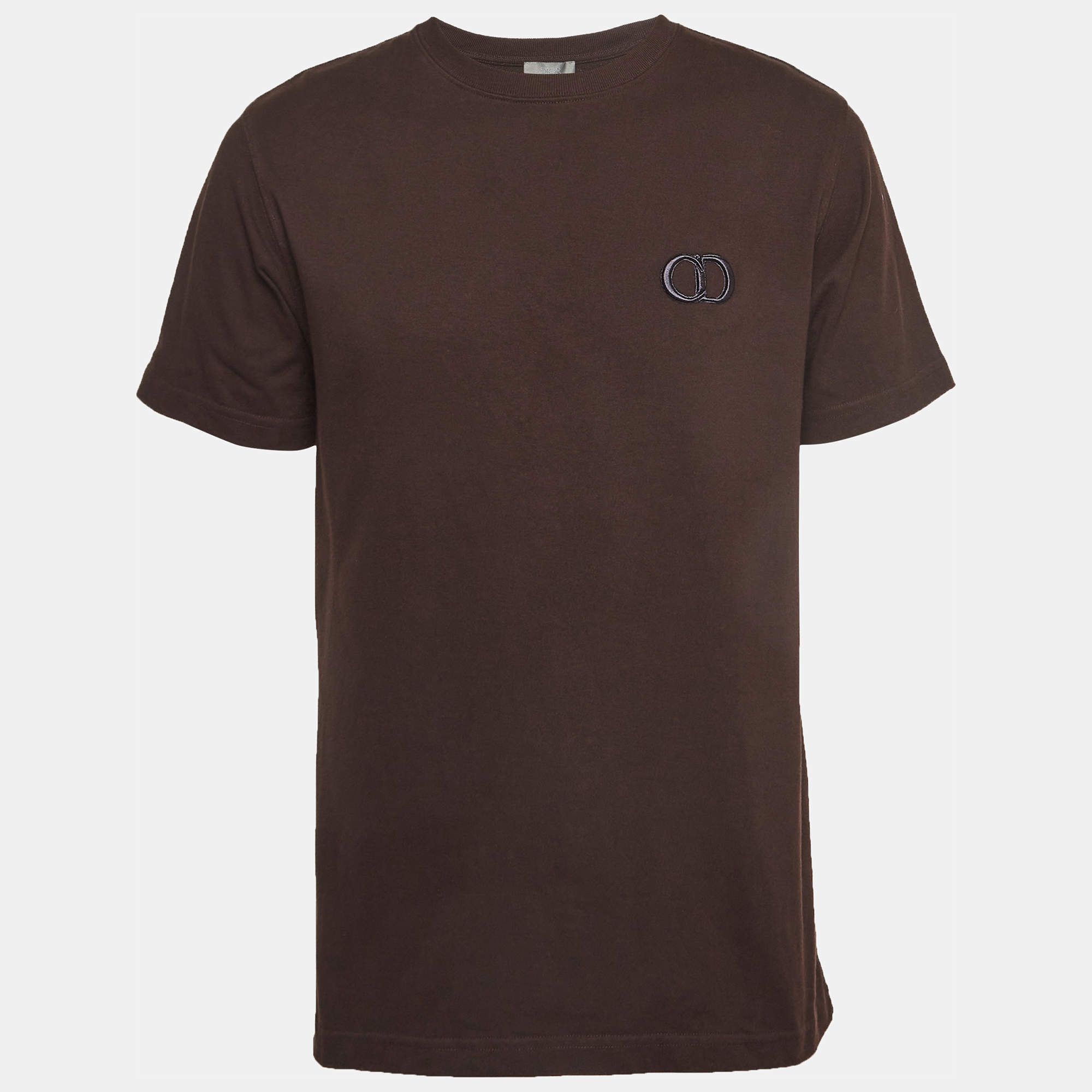 Pre Owned Dior Homme Brown Logo Embroidered Cotton Crew Neck T-Shirt M