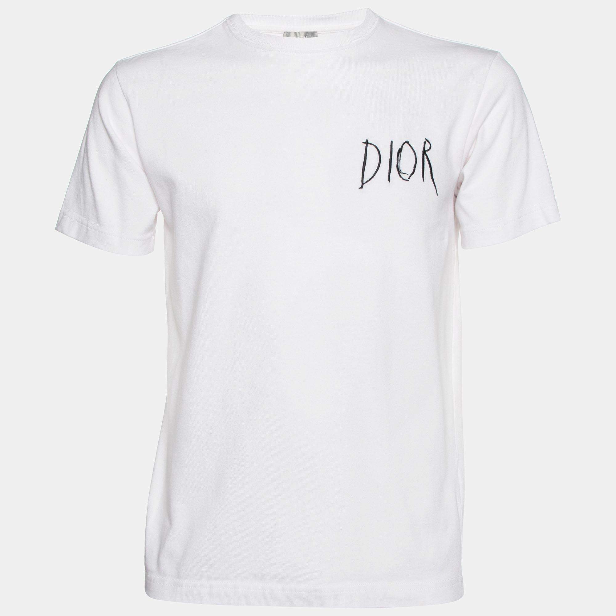 Dior Homme White Logo Embroidered Cotton Crew Neck T-Shirt
