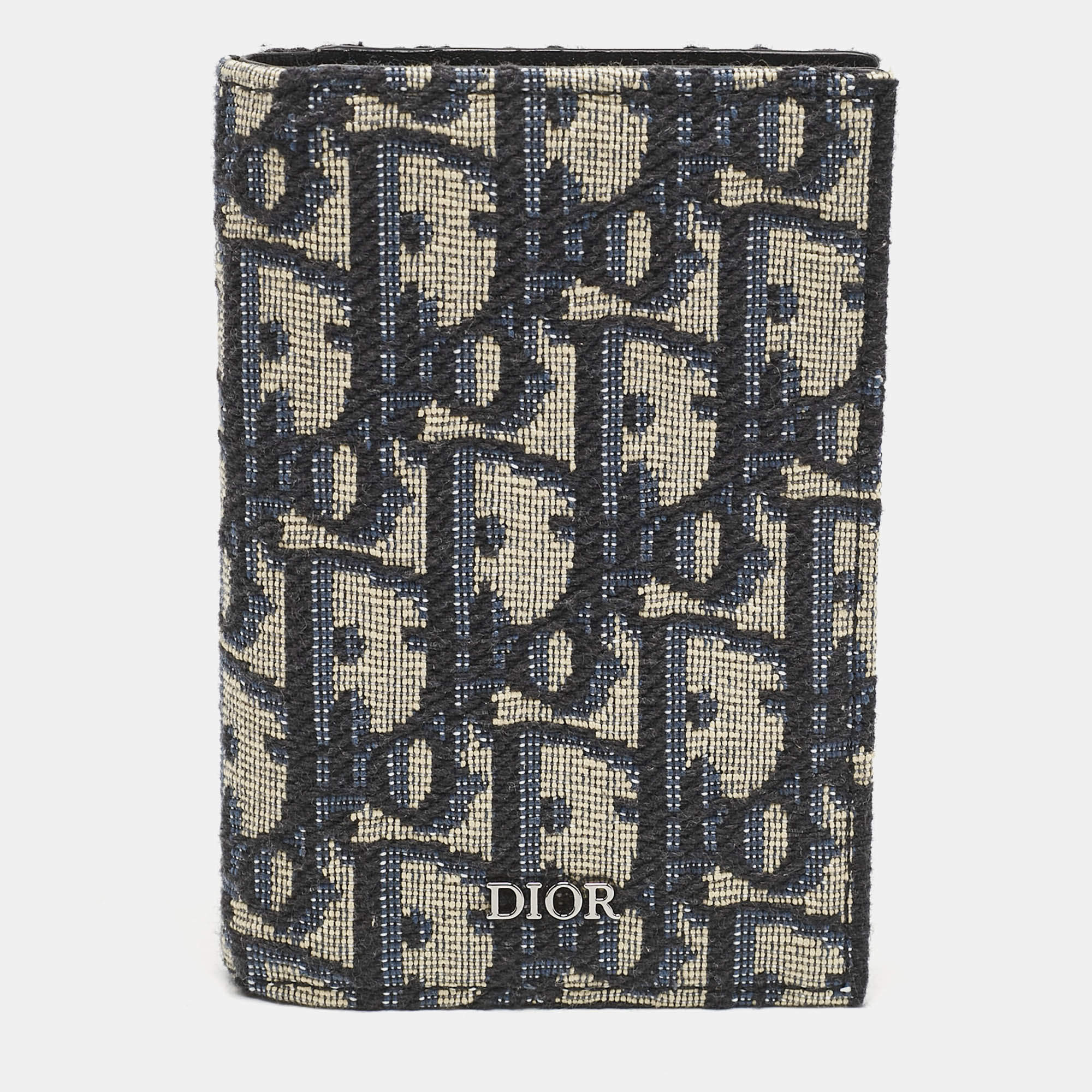 Dior Navy Blue Oblique Canvas Vertical Bifold Wallet