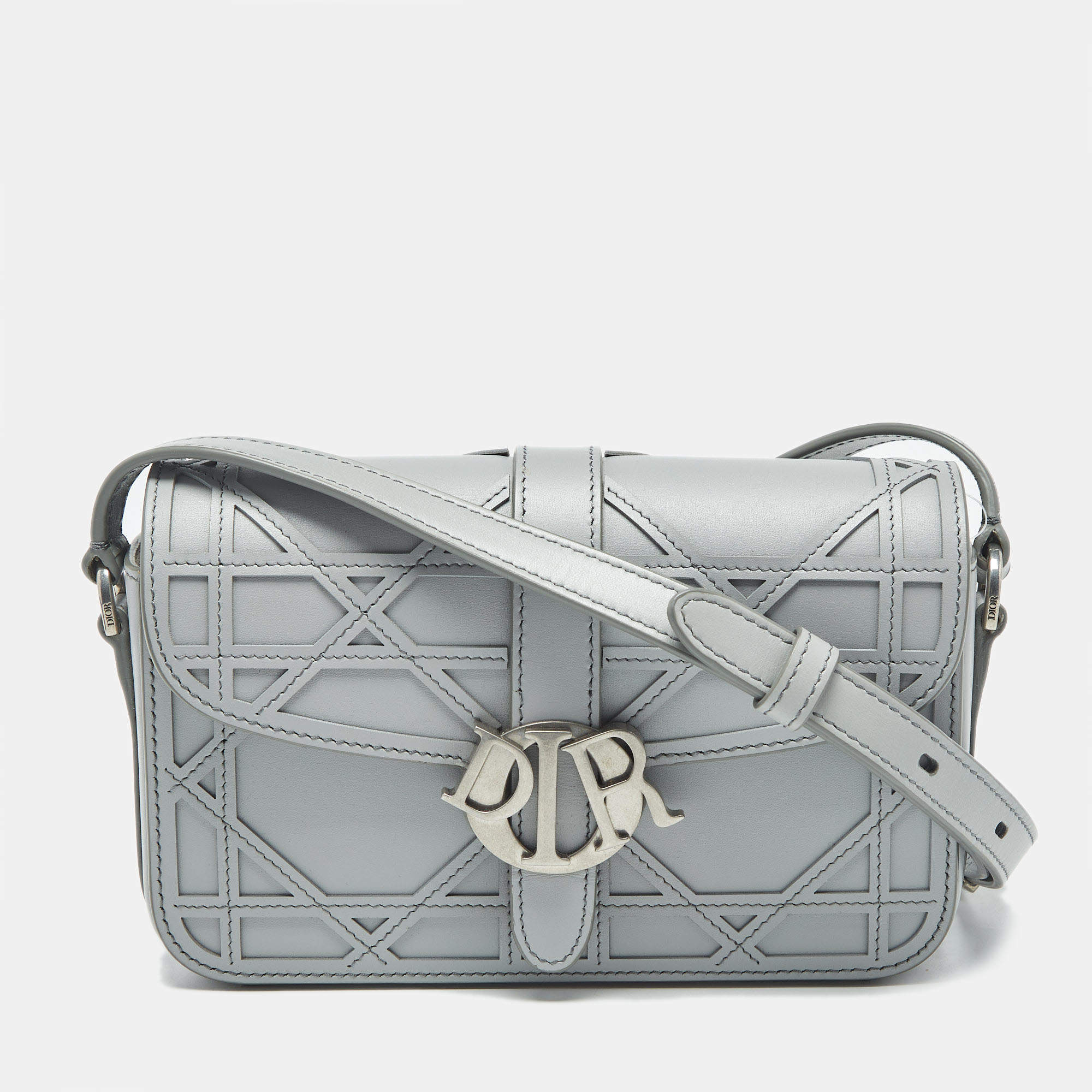 Pre Owned Dior Grey Cosmo Laser Cut Cannage Leather Mini Dior Charm Shoulder Bag