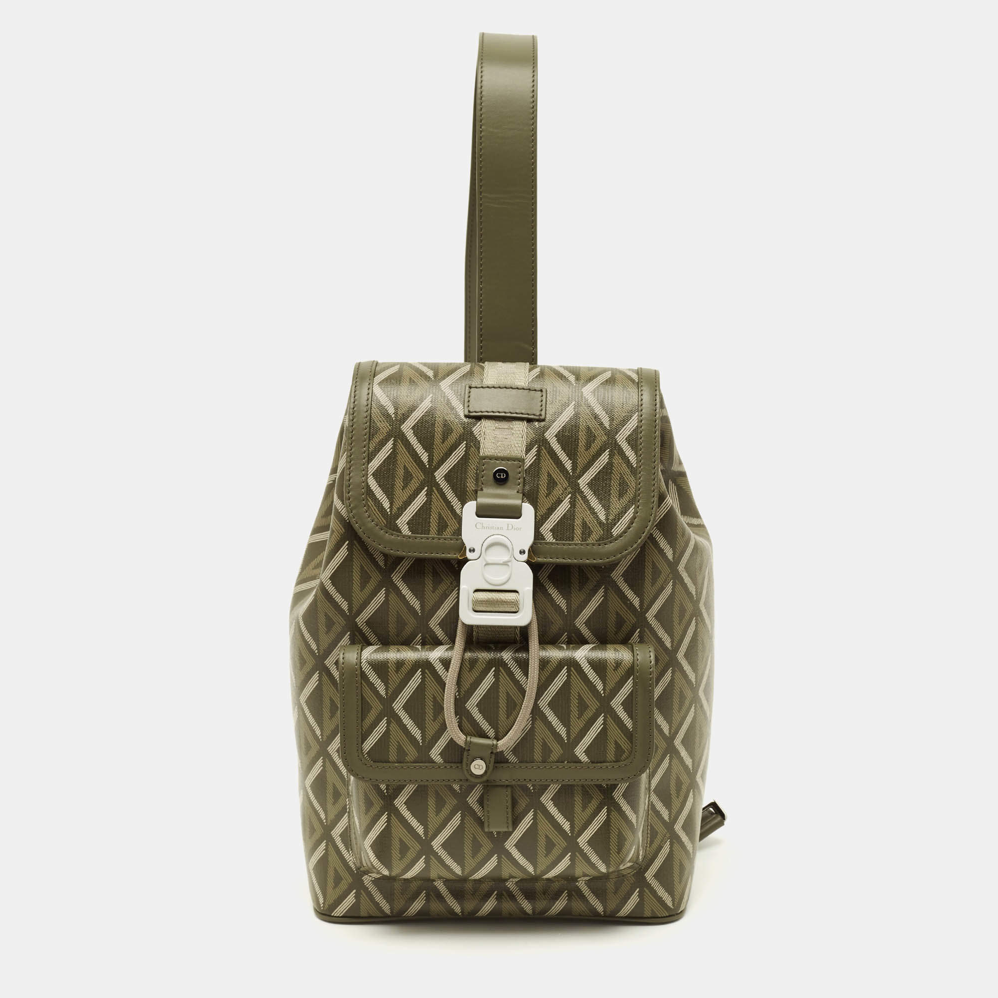 Pre Owned Dior Hit The Road Olive Green Diamond Coated Canvas and Leather Backpack