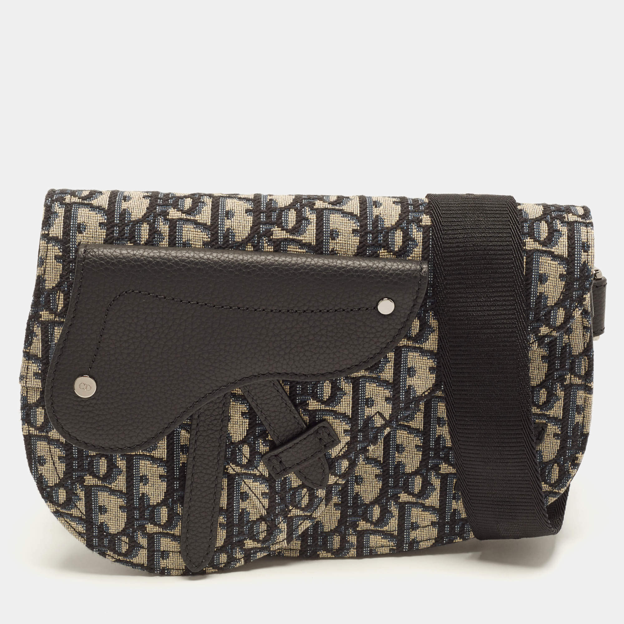 Pre Owned Dior Saddle Navy Blue/Black Oblique Canvas and Leather Pouch Bag