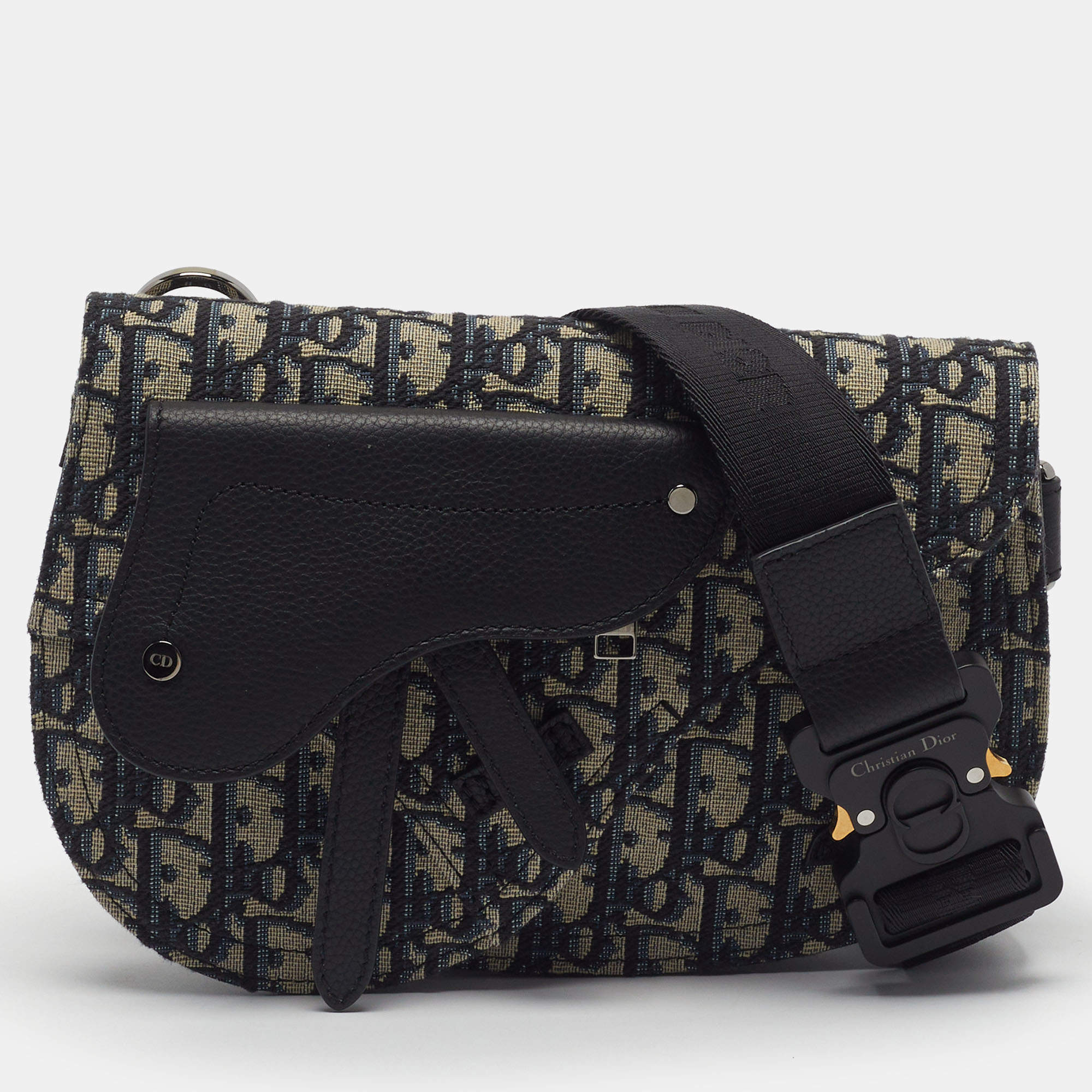 Pre Owned Dior Saddle Black/Blue Oblique Canvas and Leather Messenger Bag
