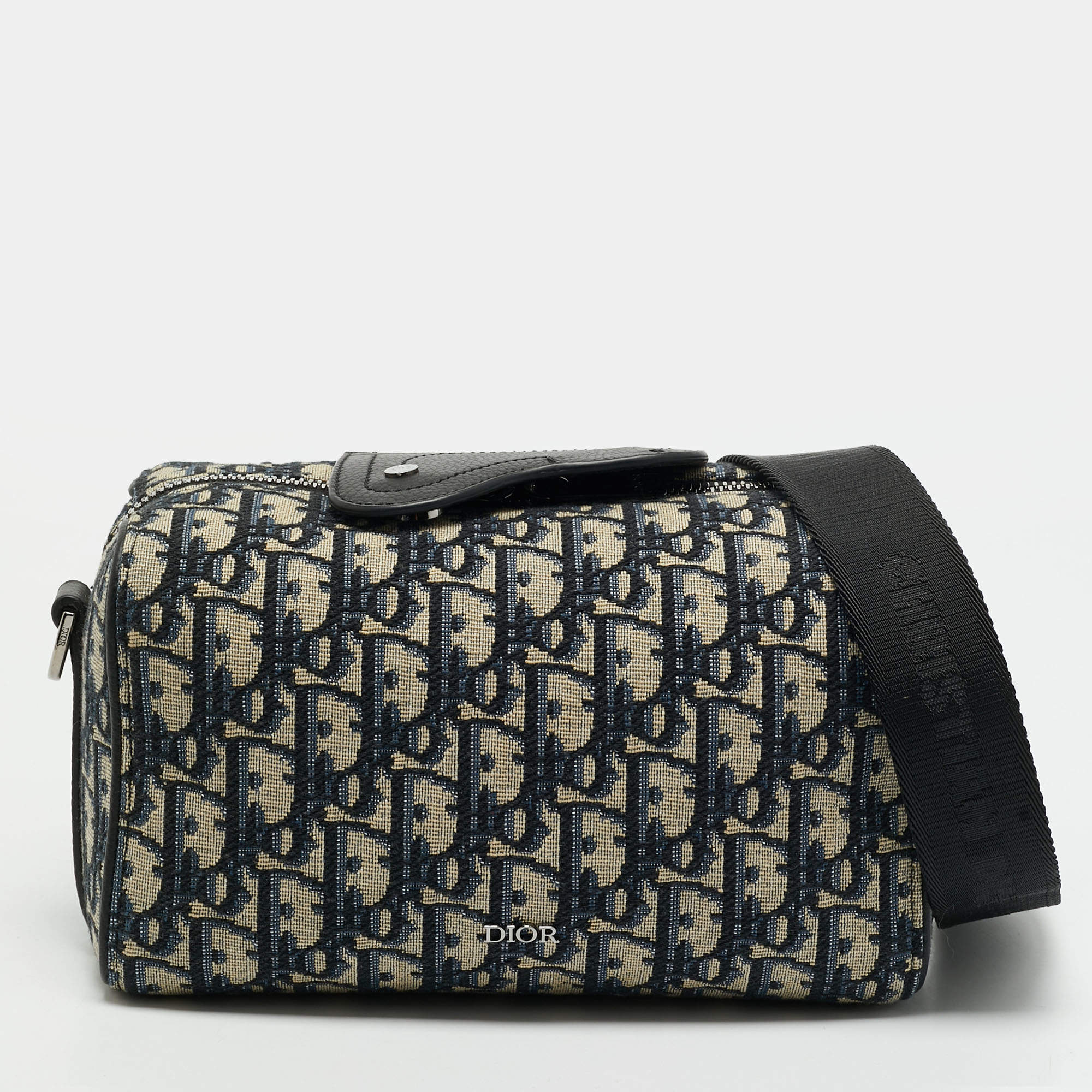 Pre Owned Dior Lingot 22 Navy Blue/Black Oblique Canvas and Leather Crossbody Bag