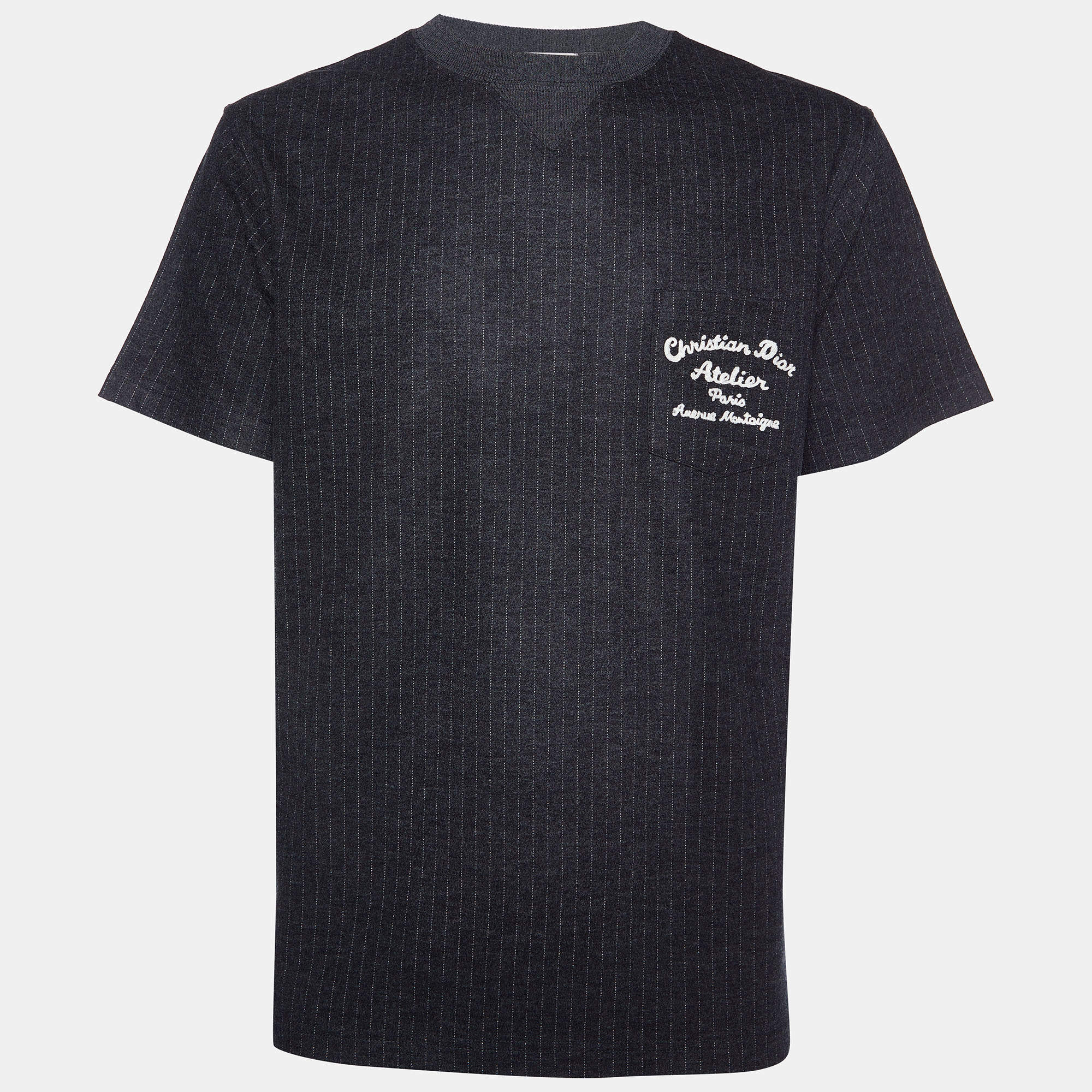 Dior Homme Black Striped Wool & Cotton Atelier Pocket Detail T-Shirt XL