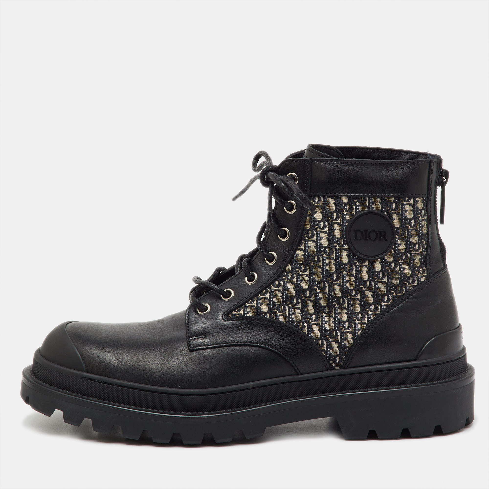 Pre Owned Dior Black Oblique Canvas and Leather Explorer Ankle Boots Size 43