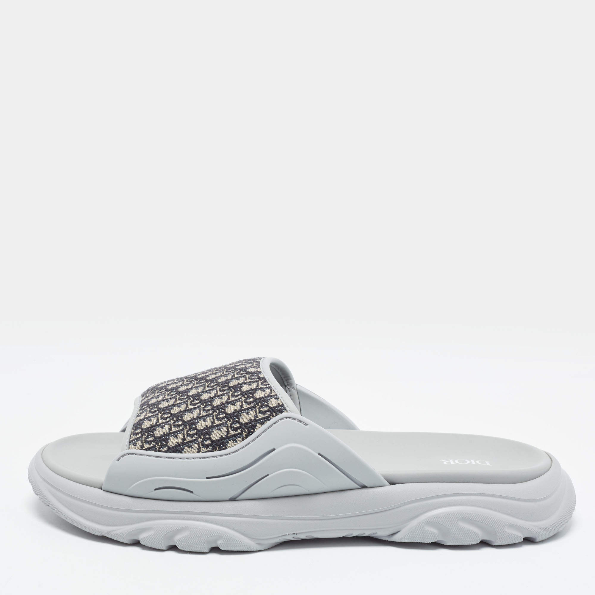 Pre Owned Dior H-Town Size 45 Grey/Navy Blue Oblique Canvas and Rubber Slide Sandals