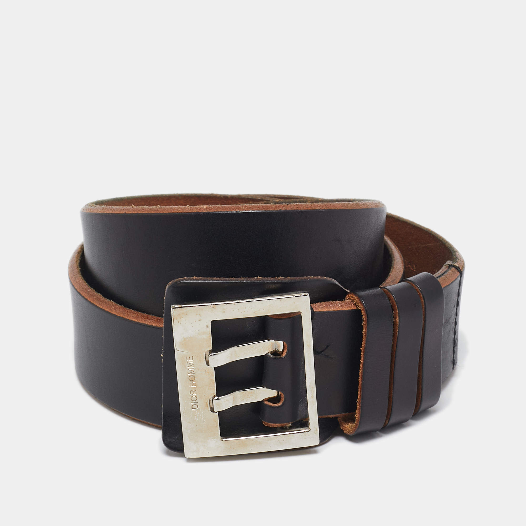 Pre Owned Dior Homme Black Leather Buckle Belt 90 CM