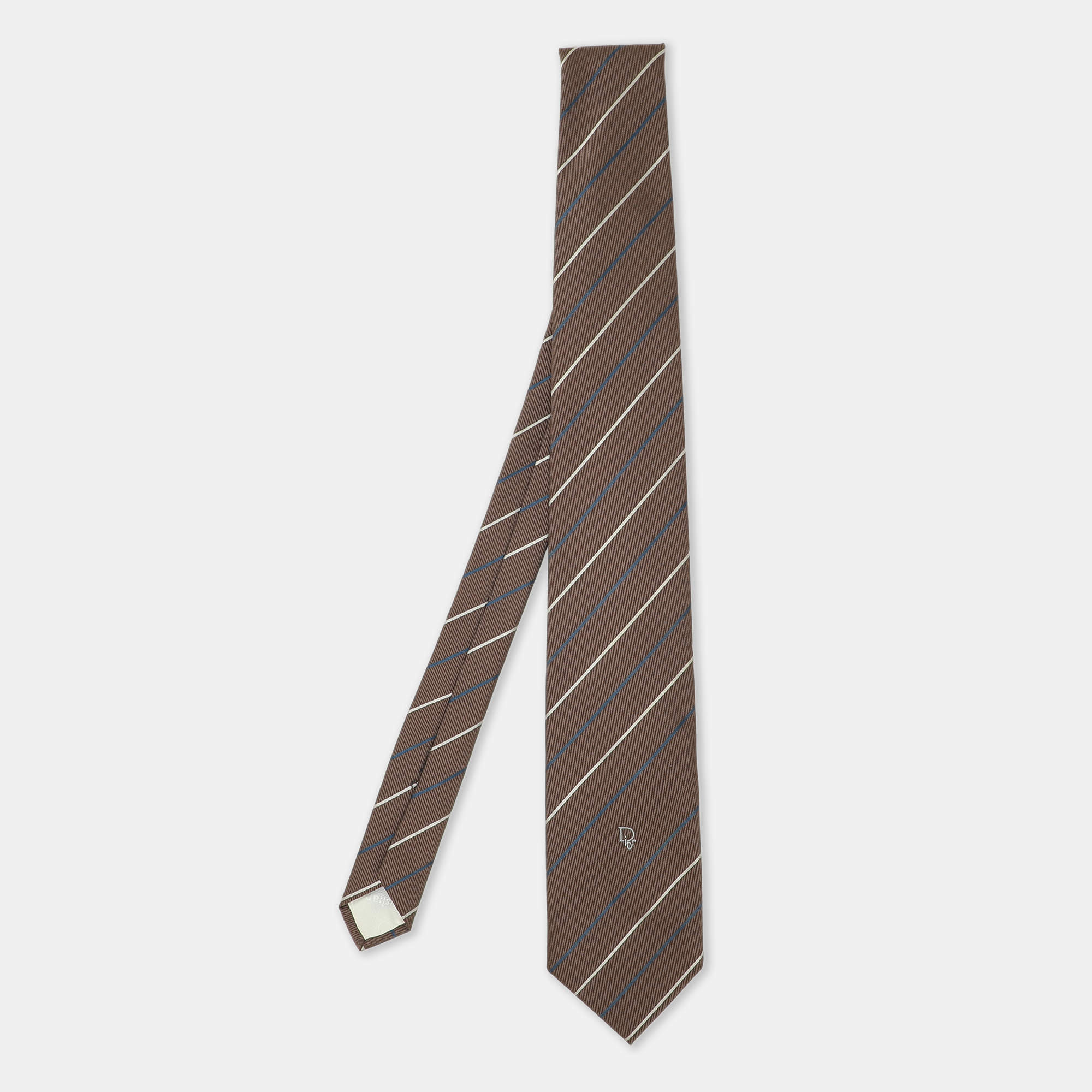 Dior Brown Diagonal Stipe Logo Nylon Tie 