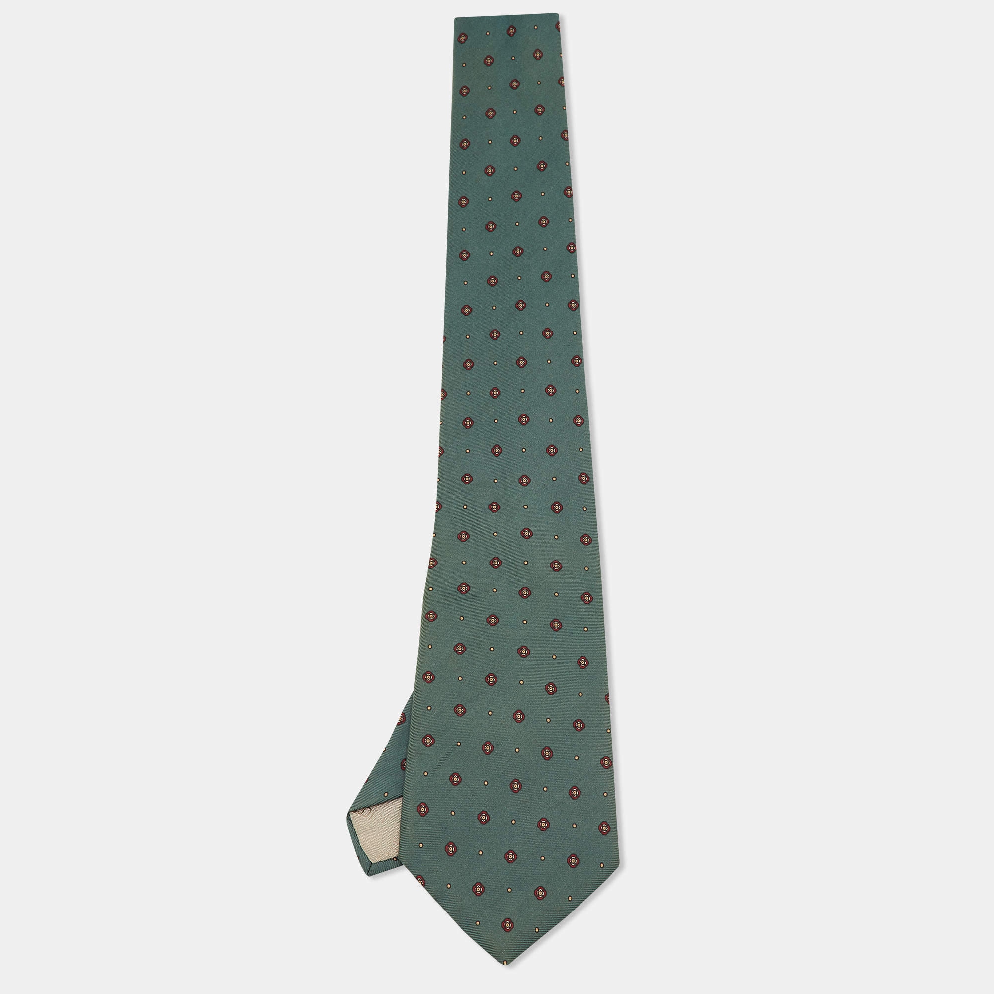 Pre Owned Dior Vintage Dark Green Floral Motif Print Silk Tie