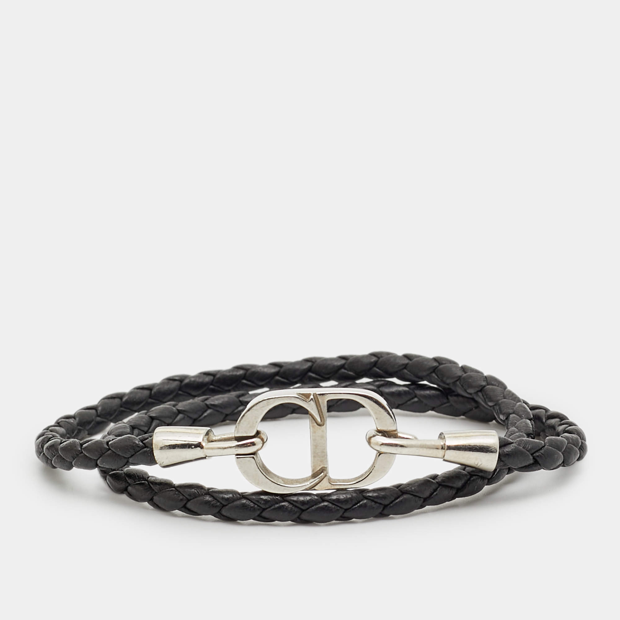 Pre Owned Dior CD Icon Braided Leather Silver Tone Bracelet