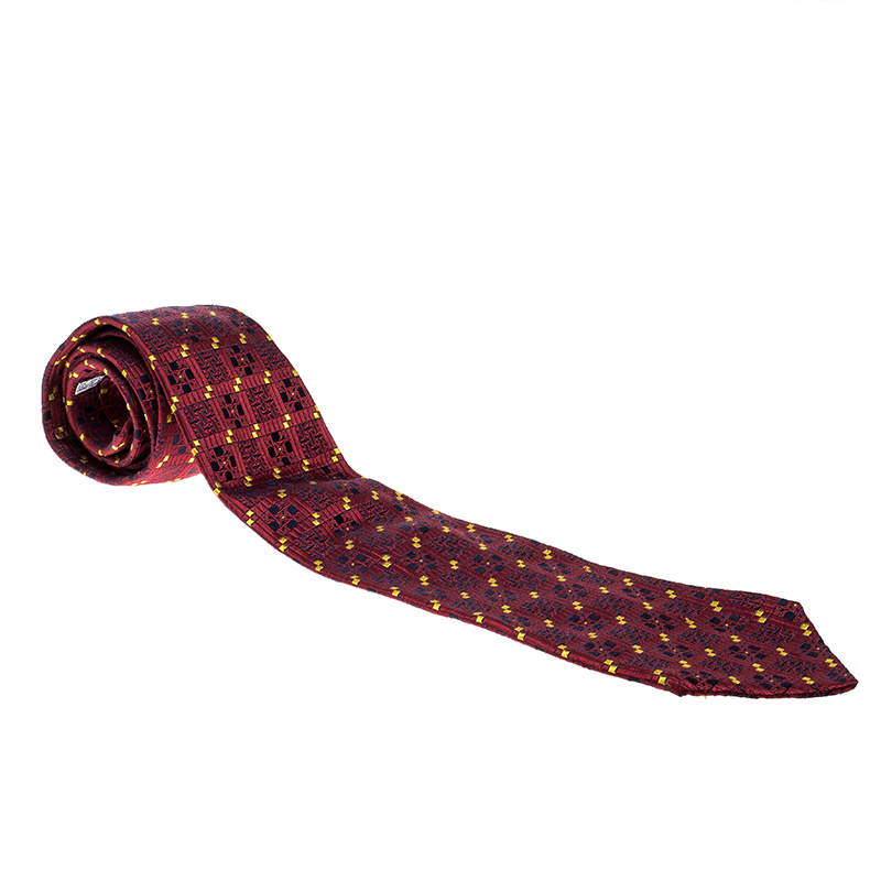 Dior Red Patterned Jacquard Silk Traditional Tie
