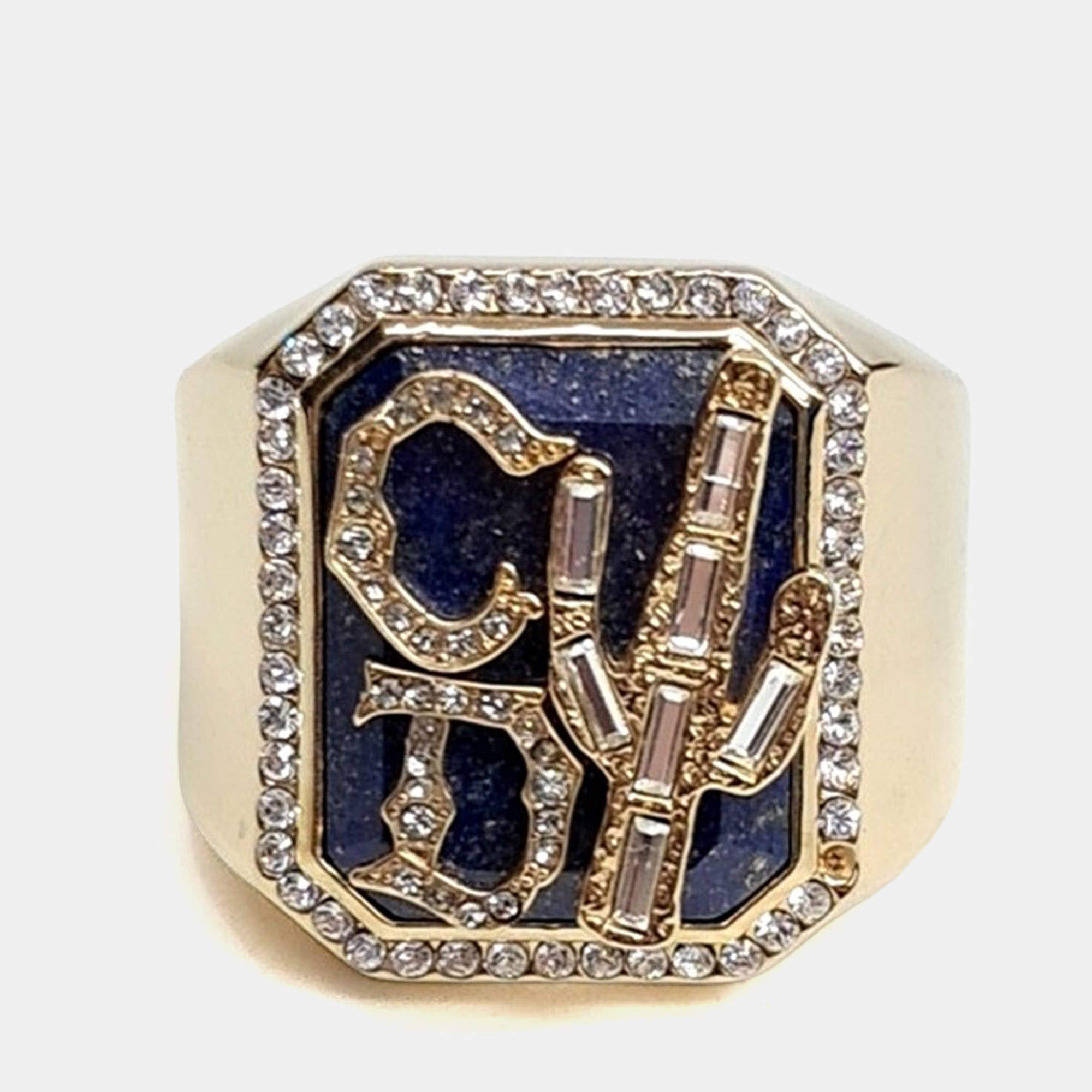Pre Owned Dior Homme Cactus Jack Signet Ring Gold Tone Crystal Ring