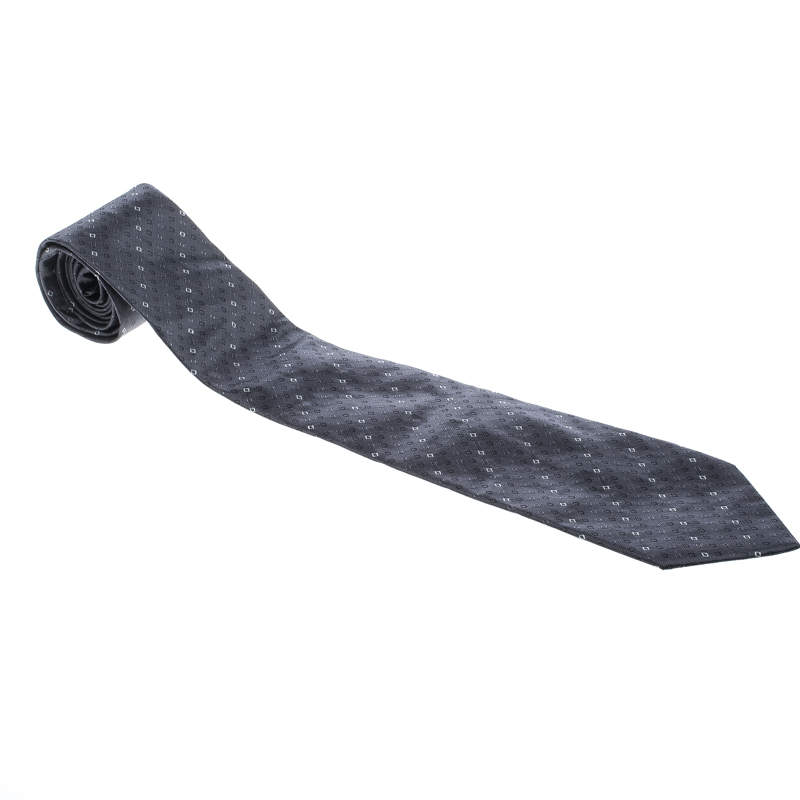 Dior Vintage Dark Grey Geometric Pattern Silk Jacquard Tie