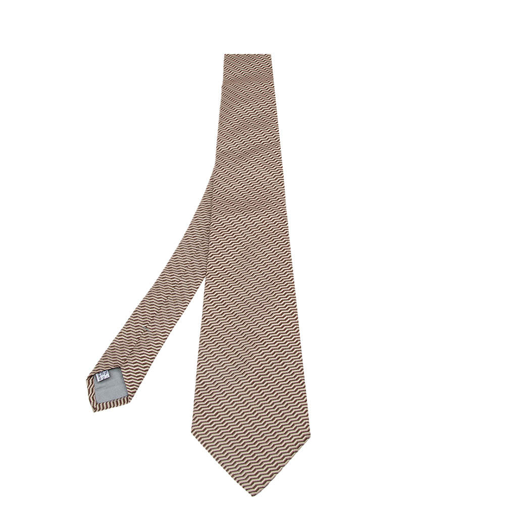 Pre Owned Dior Beige & Brown Chevron Jacquard Silk Tie
