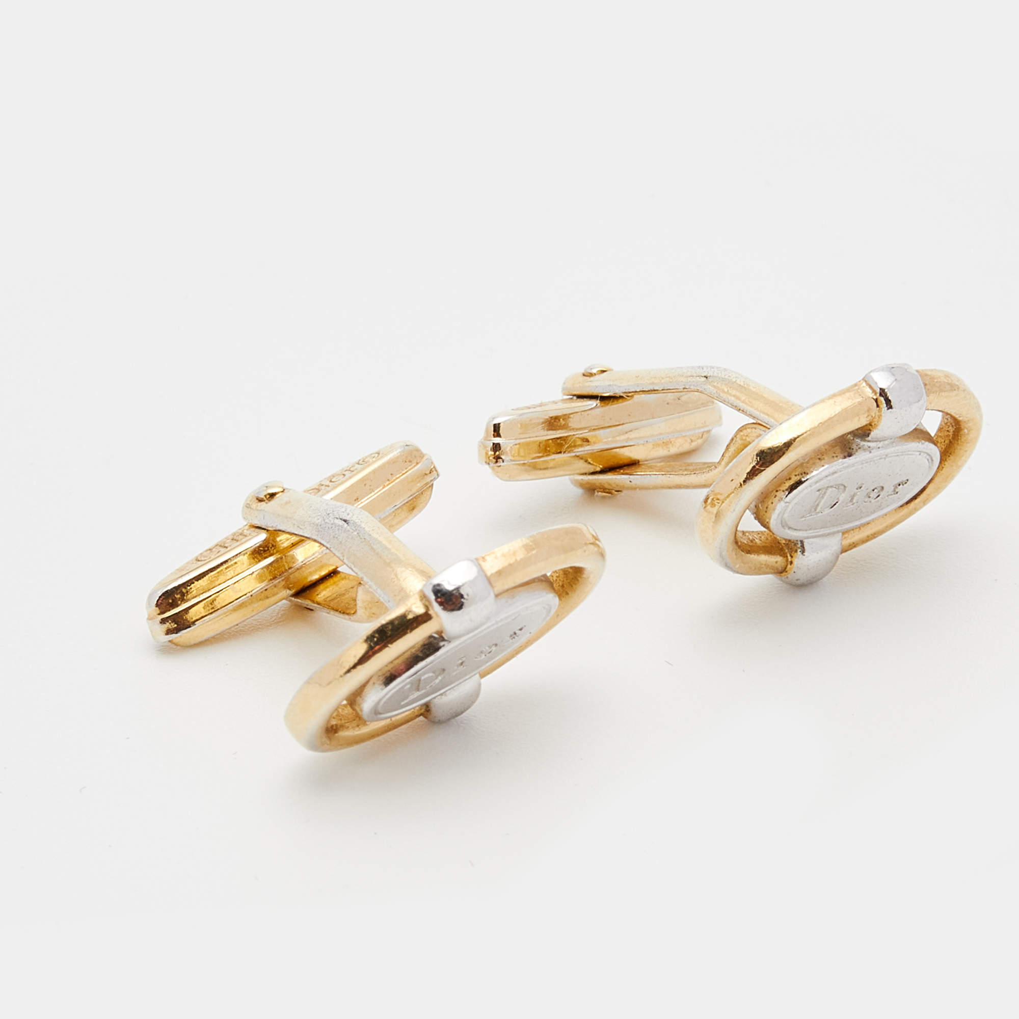 Dior Two Tone Metal Logo Oval Cufflinks