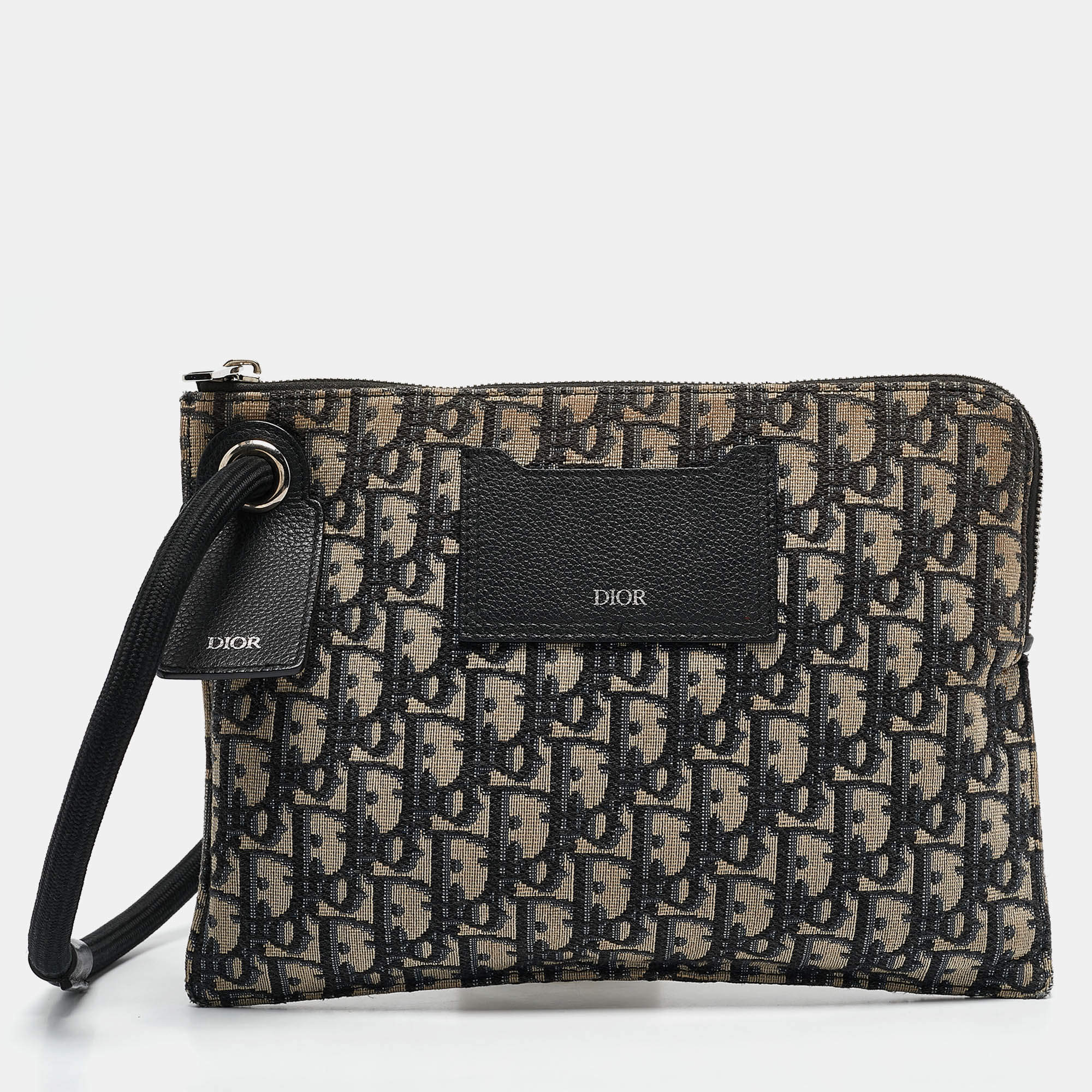 Dior Navy Blue Oblique Canvas Wristlet Zip Pouch