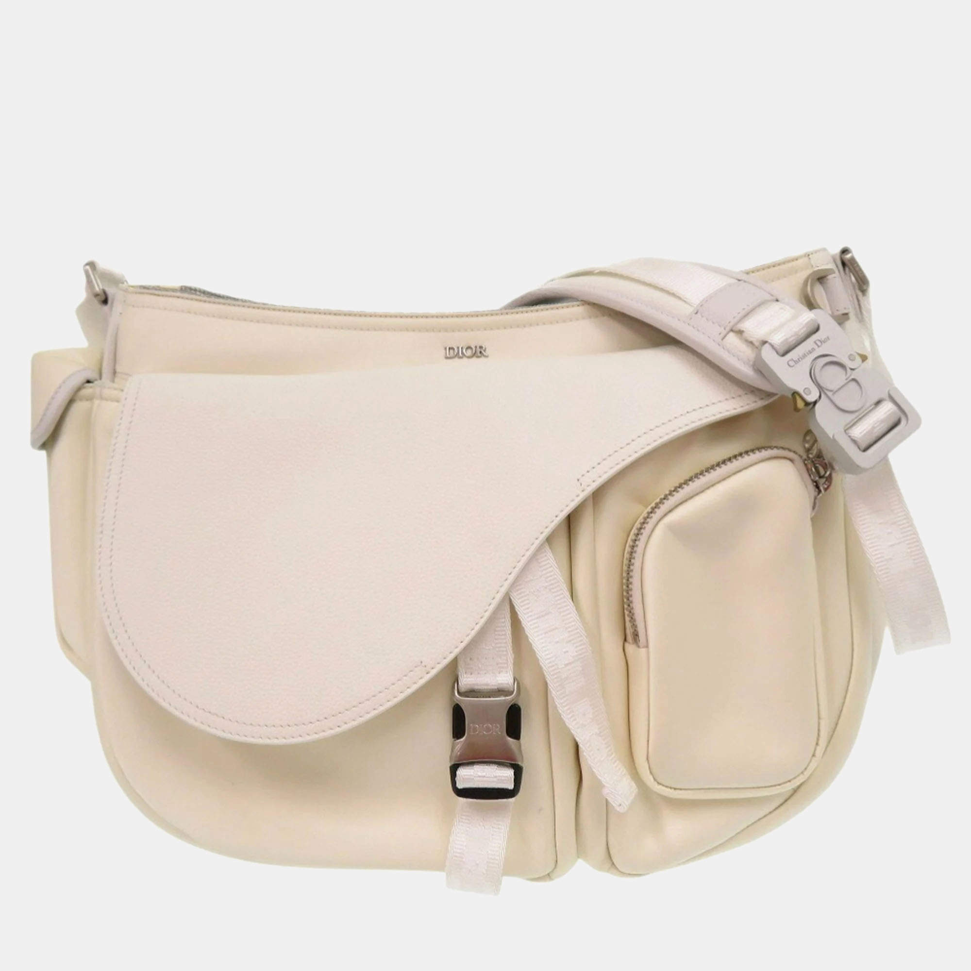 Christian Dior x Sacai White Leather Nylon Saddle Soft Shoulder Bag 