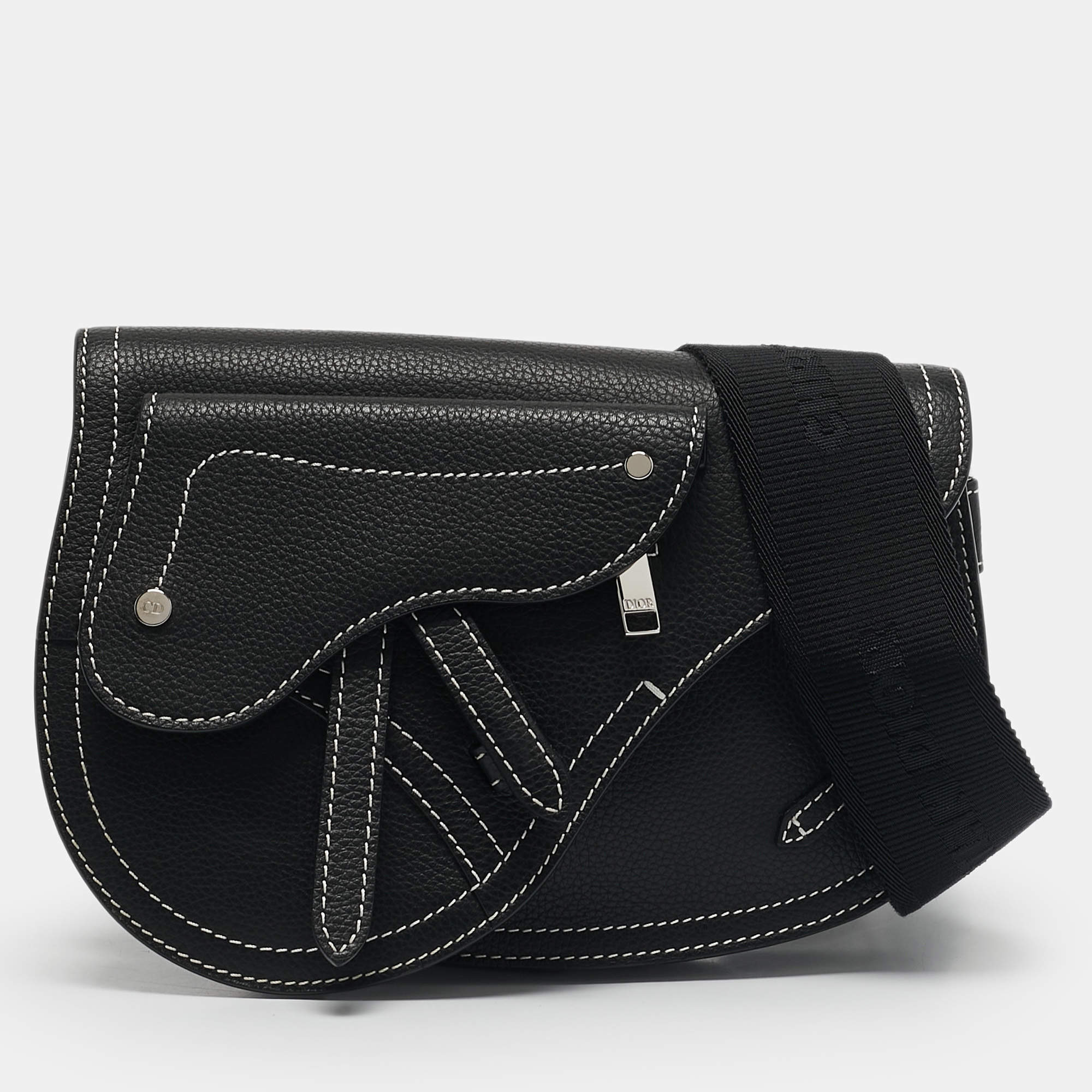 Dior x KAWS Black Leather Saddle Pouch