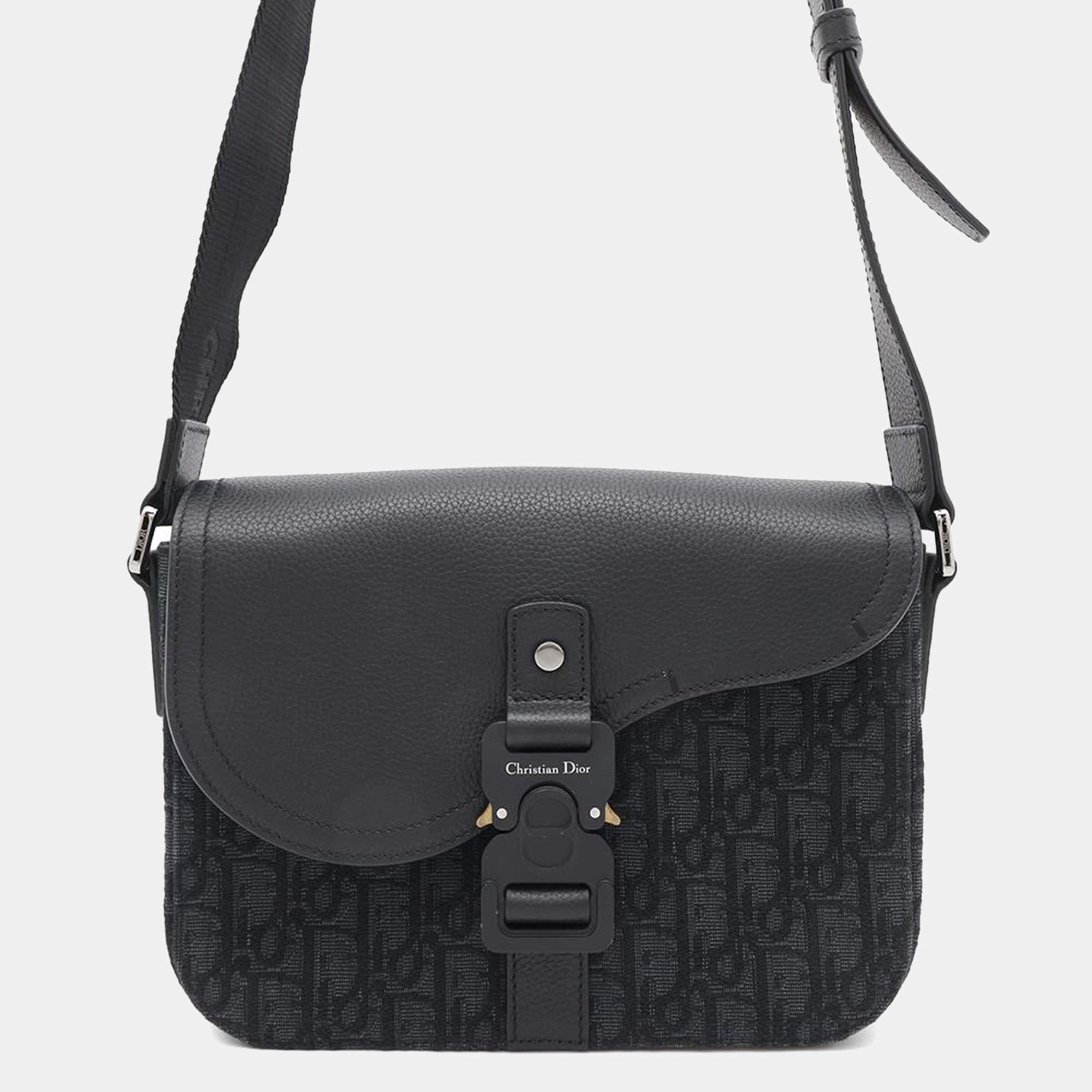 Dior Black Jacquard Grained Calfleather Small Oblique Saddle Flap Messenger Bag 
