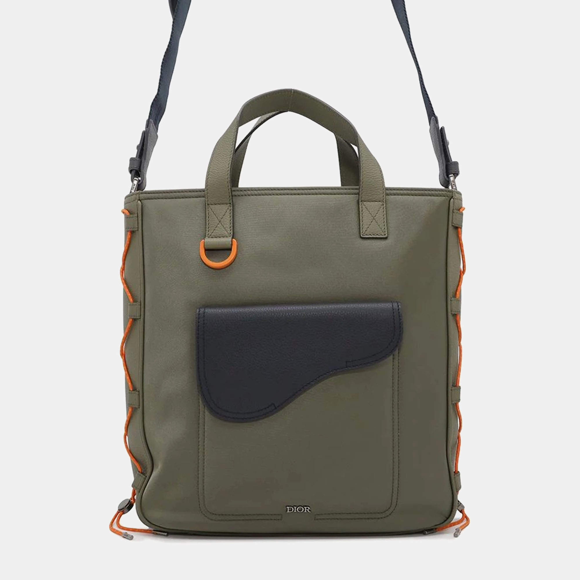 Dior Khaki Black Nylon Leather Sacai Saddle Tote Bag