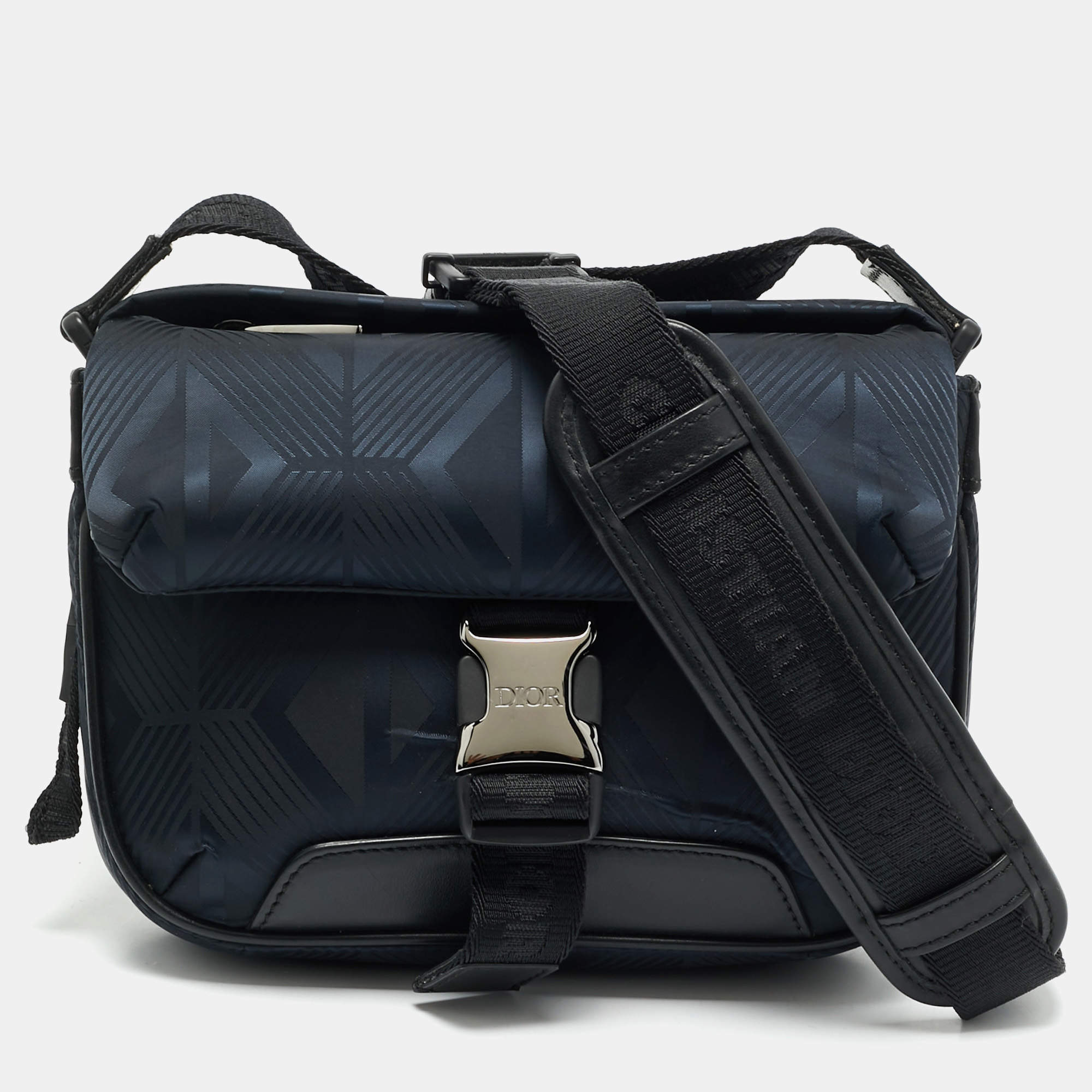Pre Owned Dior Navy Blue/Black Diamond Print Nylon and Leather Explorer Pouch Bag 