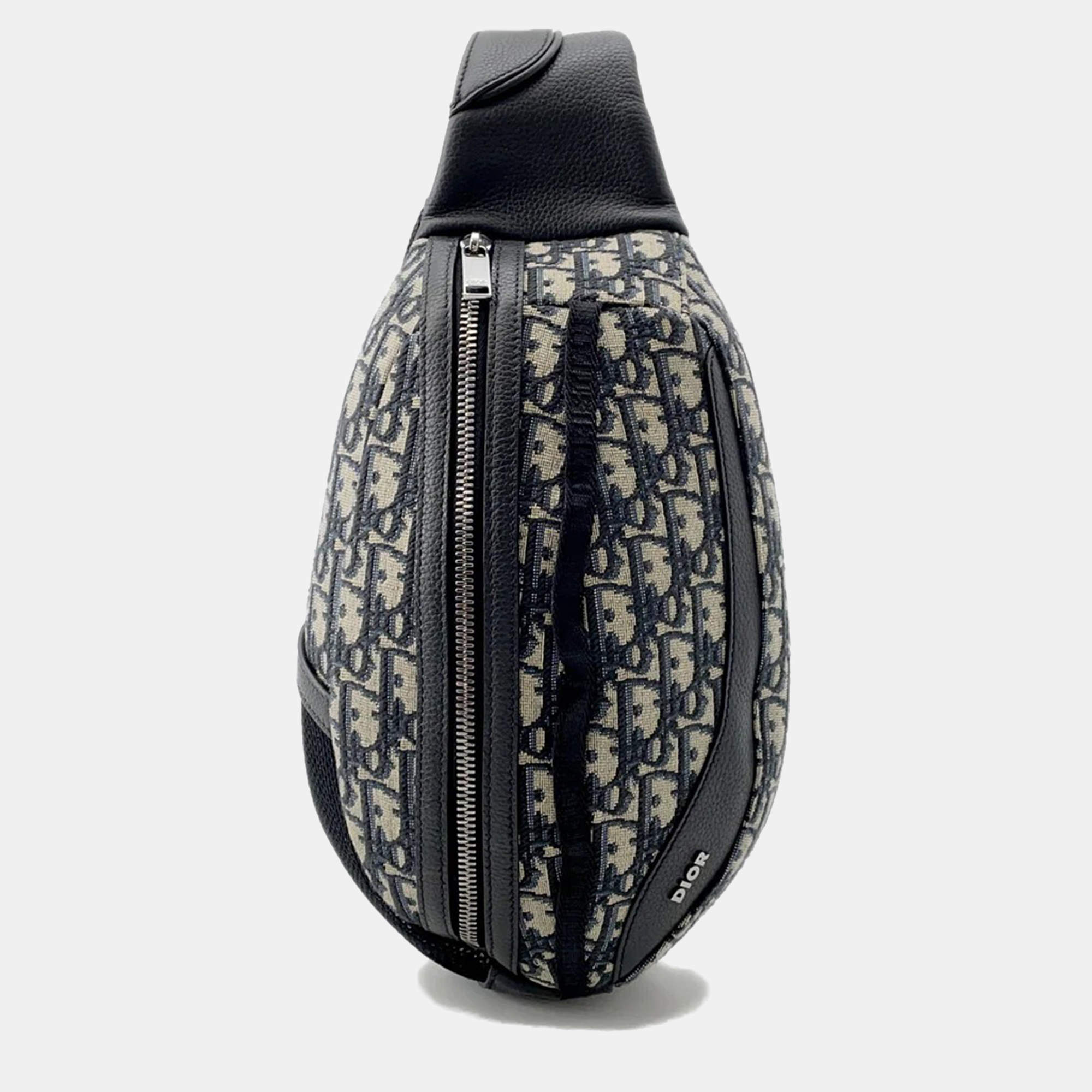 Pre Owned Christian Dior Scarab Oblique Beige Black Canvas Leather Crossbody Bag