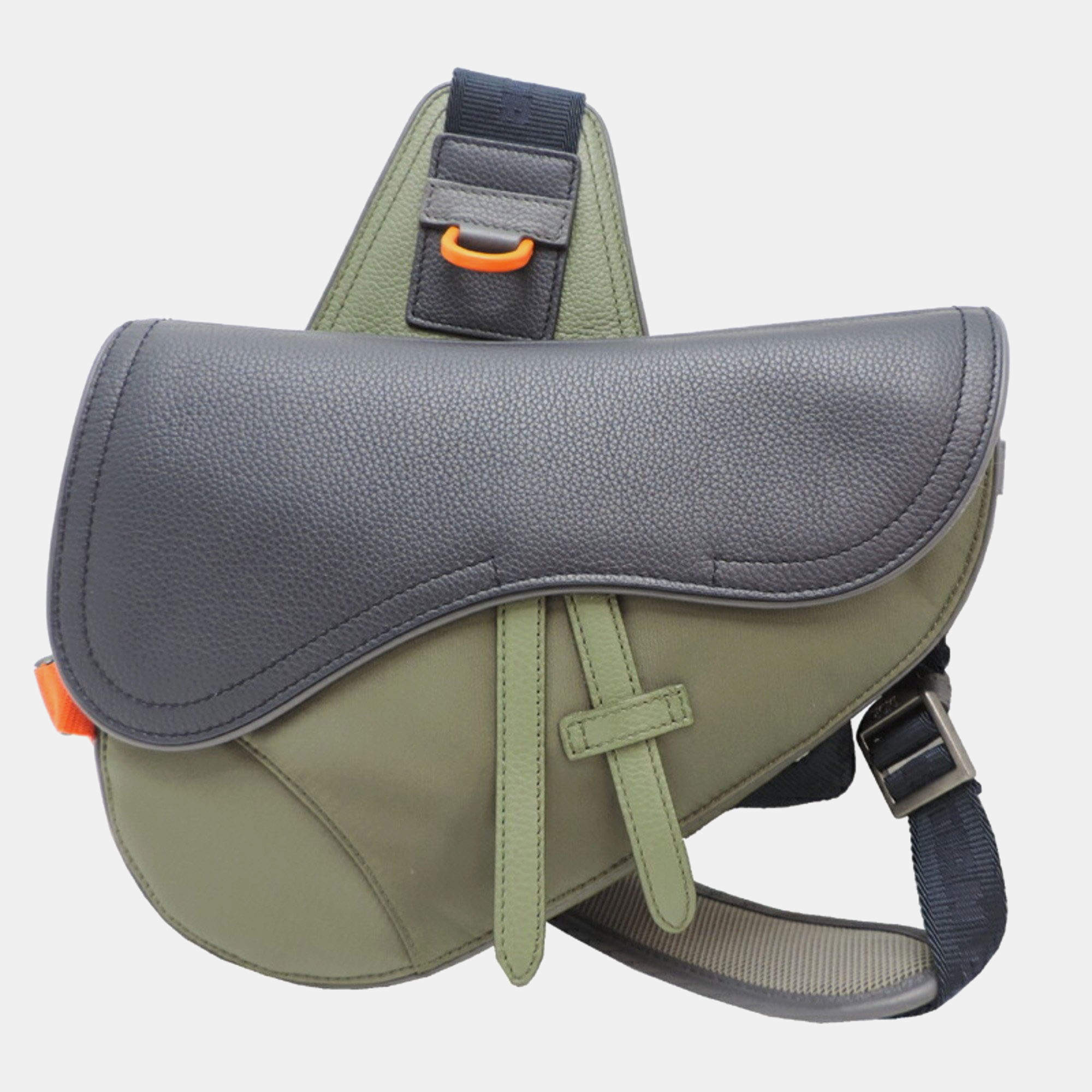 Pre Owned Dior Sacai Saddle Bag  Leather Body Khaki (Green X Navy)