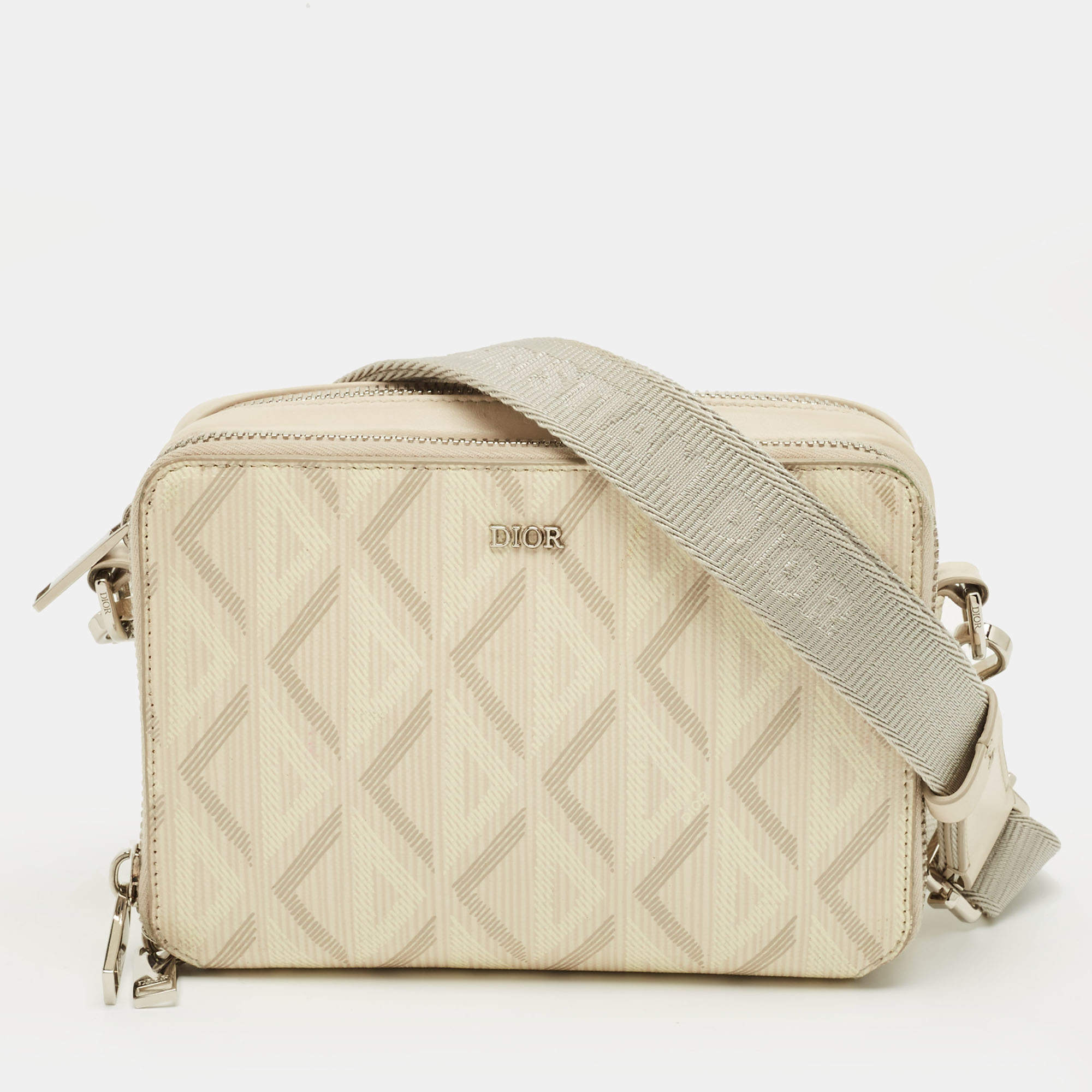 Pre Owned Dior Beige Diamond Print Coated Canvas and Leather Double Zip Camera Bag