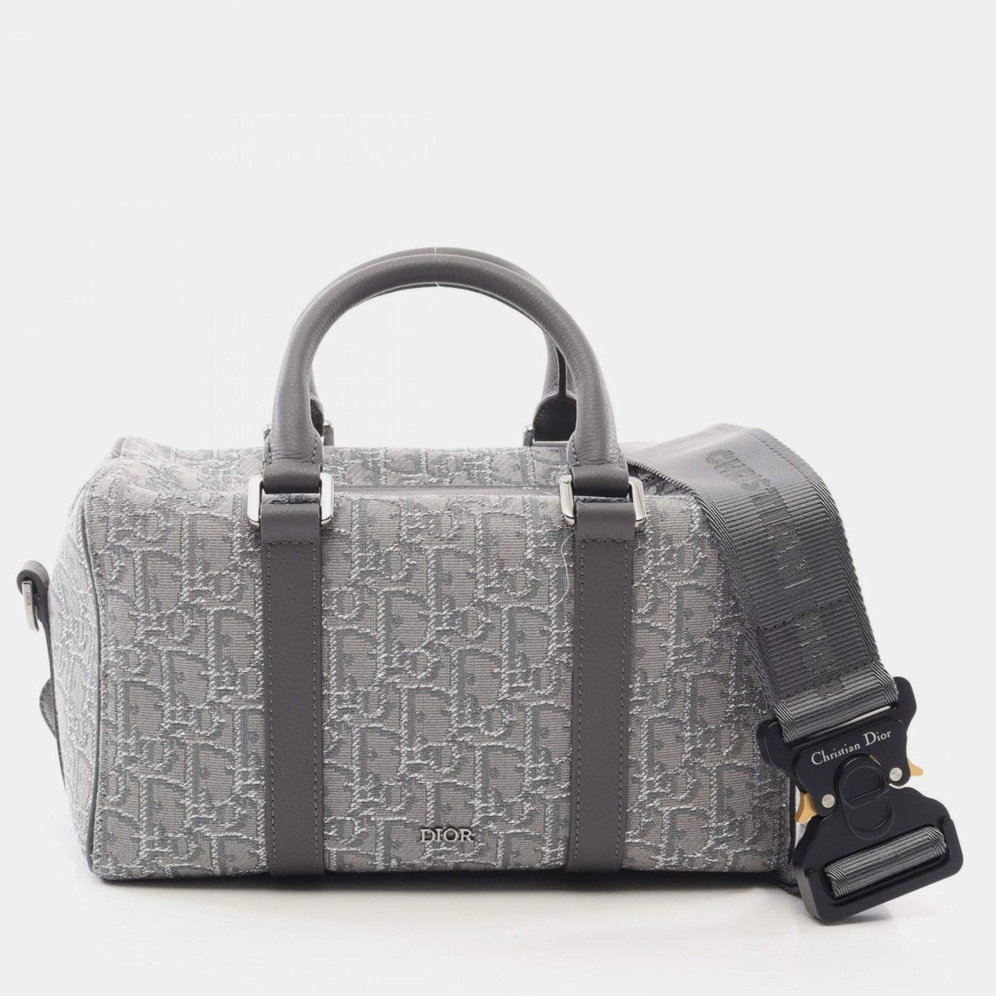 Pre Owned Christian Dior Dior Lingot26 Lango Oblique Gray/Silver Canvas Leather Handbag 