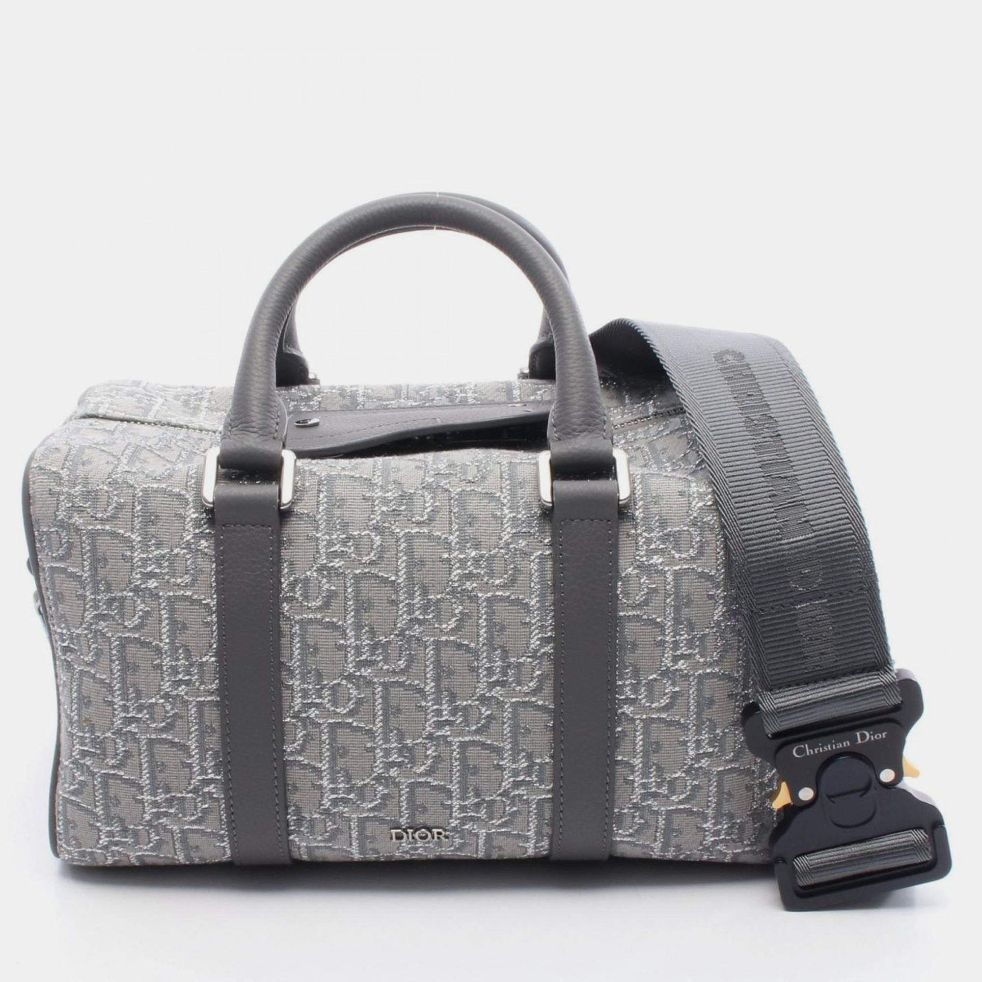 Pre Owned Christian Dior Dior Lingot26 Lango Oblique Gray/Silver Canvas Leather Handbag 