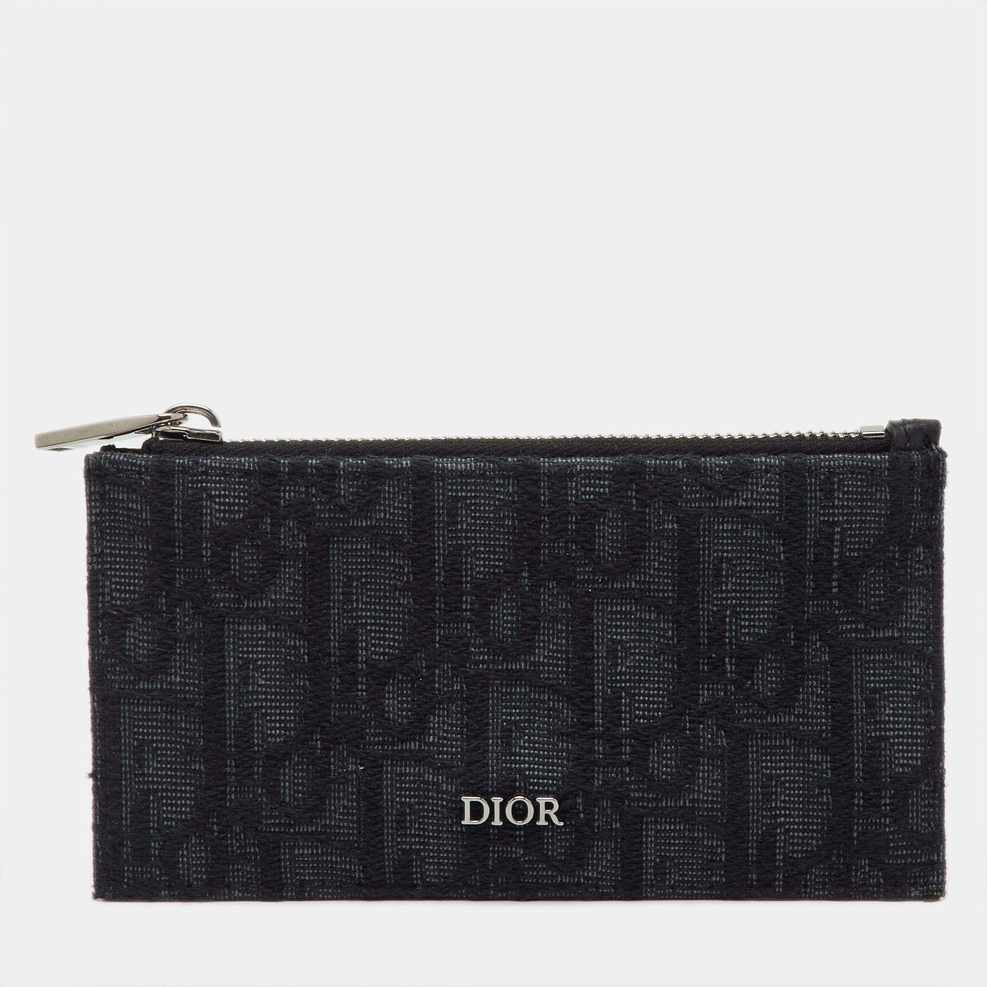 Pre Owned Dior Black Oblique Jacquard, Leather  Zipped Card Holder