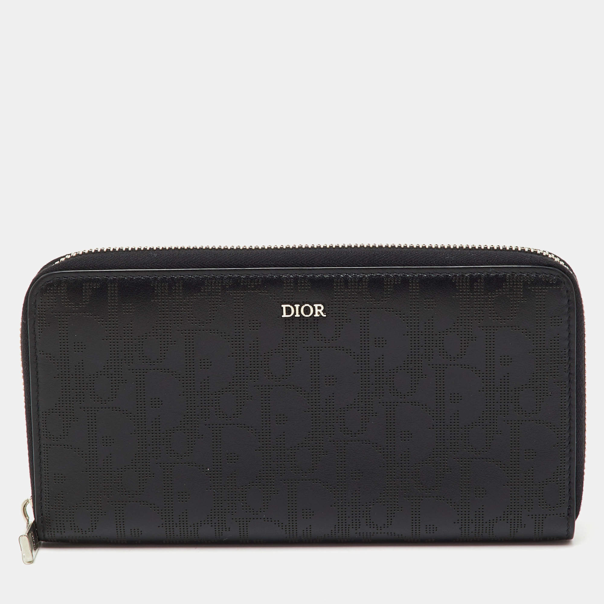 Pre Owned Dior Black Oblique Leather Voyageur Long Zip Around Wallet