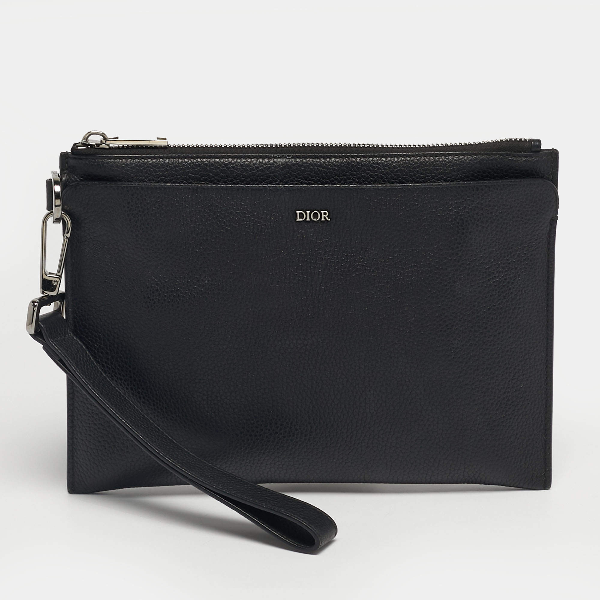 Pre Owned Dior Black Leather Zip Wristlet Pouch