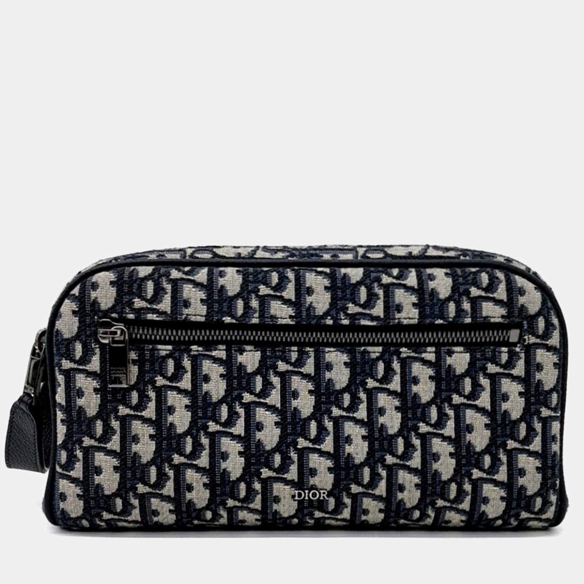 Pre Owned Dior Beige Navy Blue Fabric Oblique Toilet Clutch
