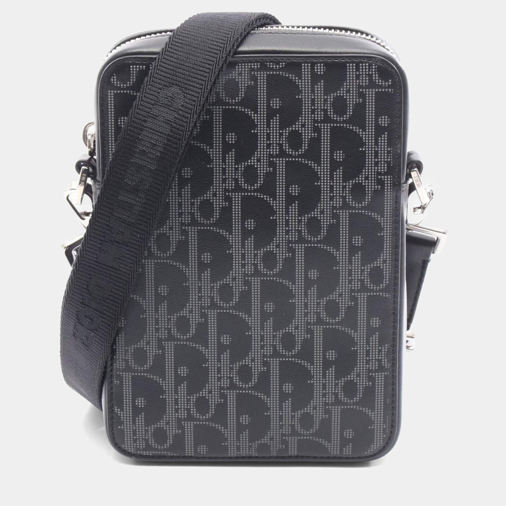 Pre Owned حقيبة كتف حقيبة رسول ديور جولة العالم شعار جلد أسود/رمادي