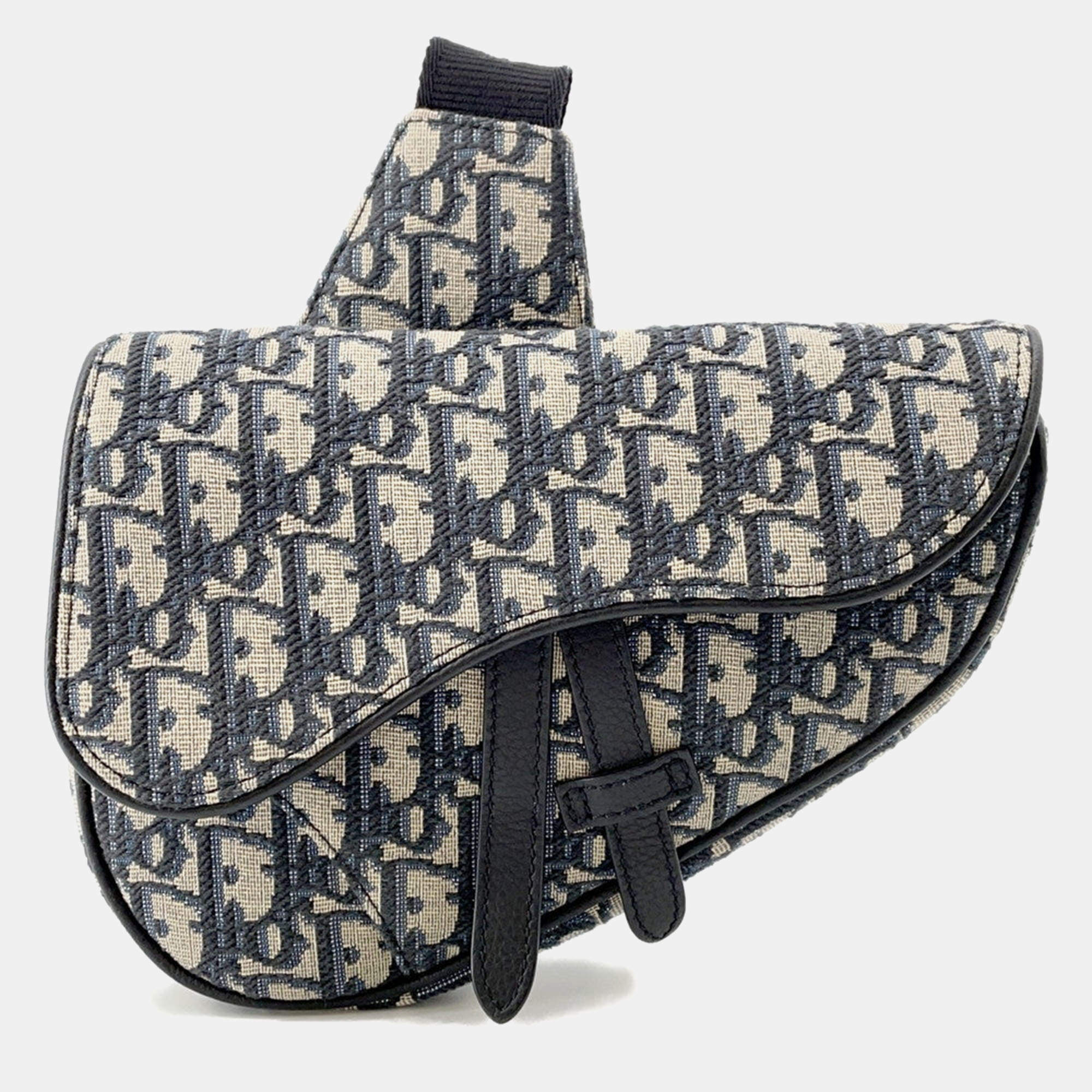 Pre Owned Dior Oblique Saddlebag Navy Canvas Leather Size Mini