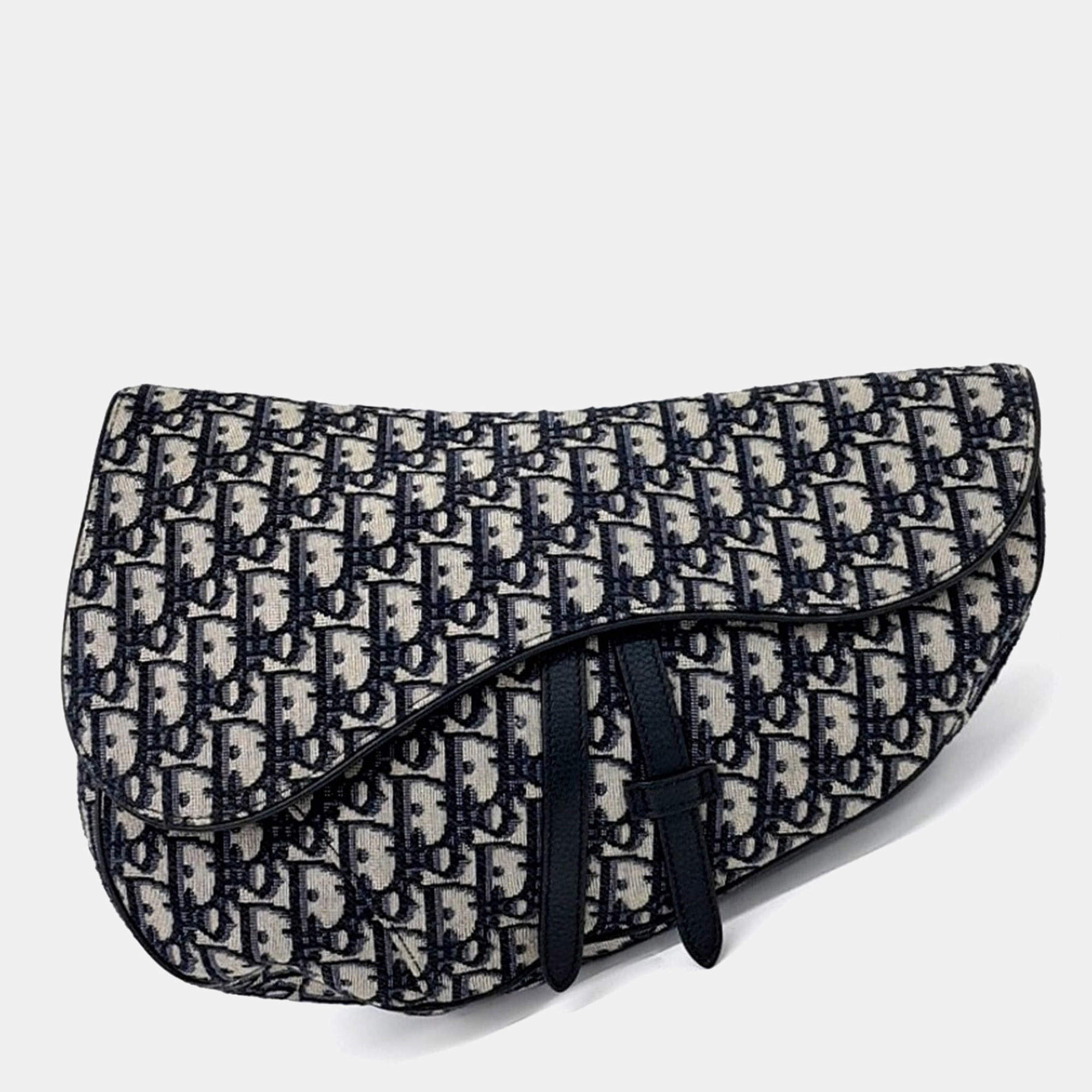 Pre Owned Dior Beige Blue Canvas Oblique Saddle Belt Bag