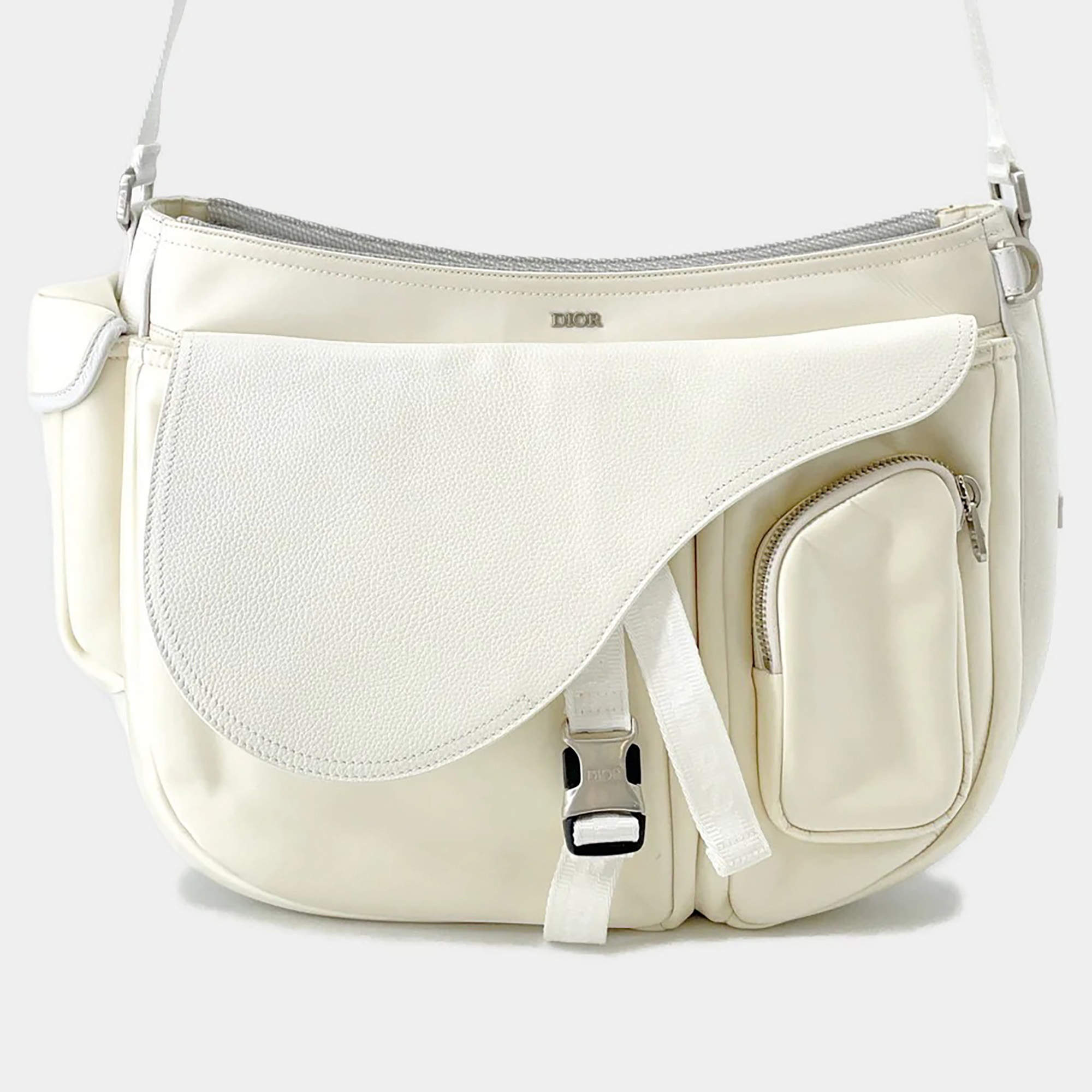 Pre Owned Dior Saddle Messenger Bag Sacai Collaboration Ivory Nylon Leather